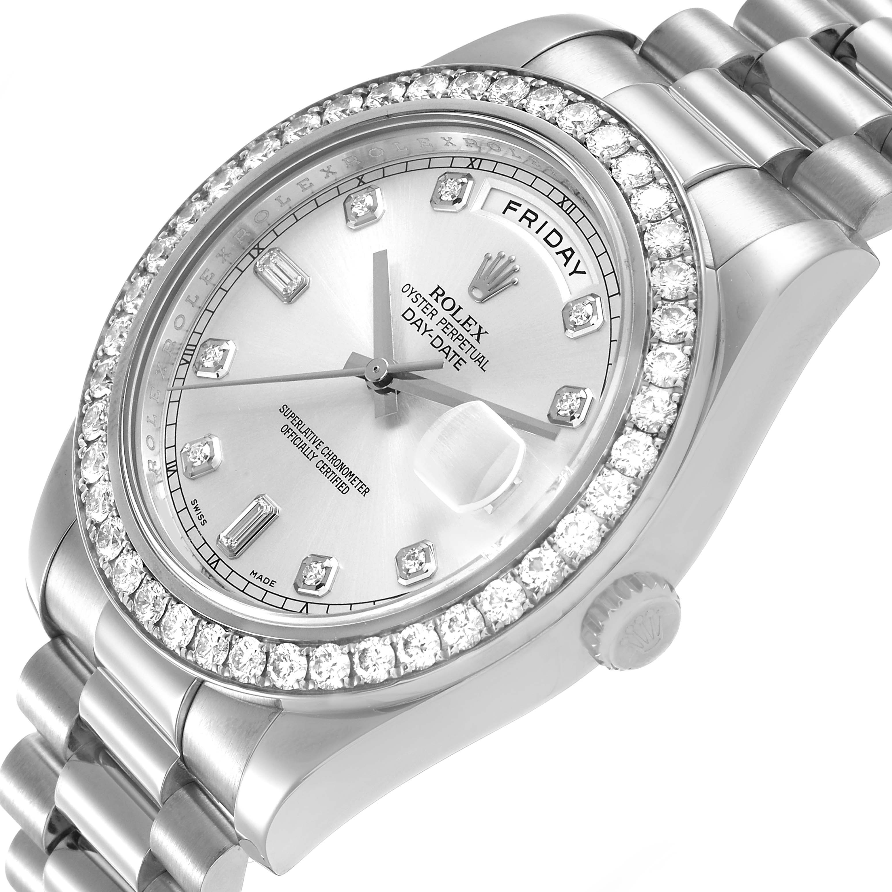 The Rolex President 218349 Men's White Gold Silver Dial watch is angled to show the diamond bezel, silver dial, and part of the bracelet.