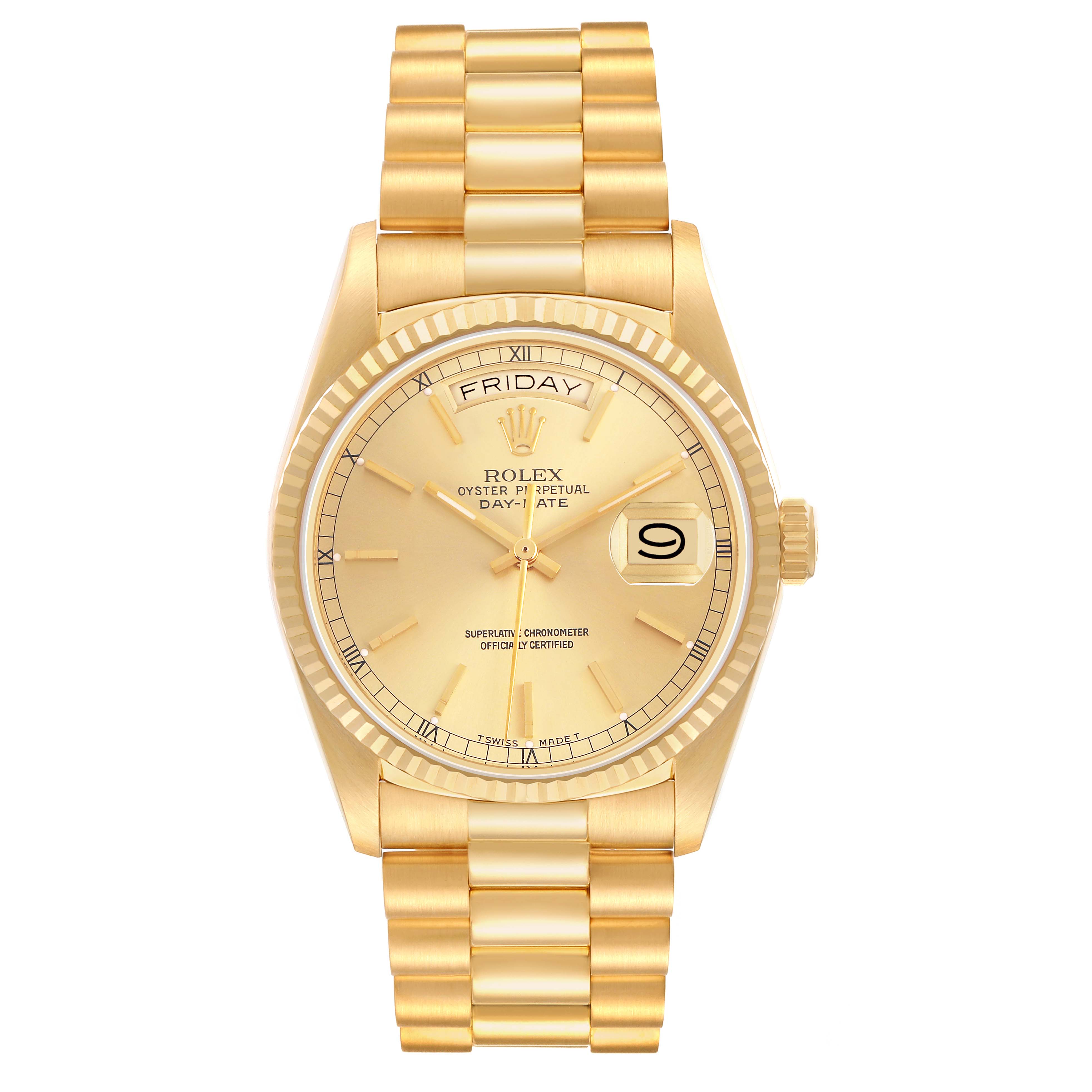 The Rolex President 18038 Men's Yellow Gold Champagne Dial watch is shown from a front angle, displaying its face, bezel, and bracelet.