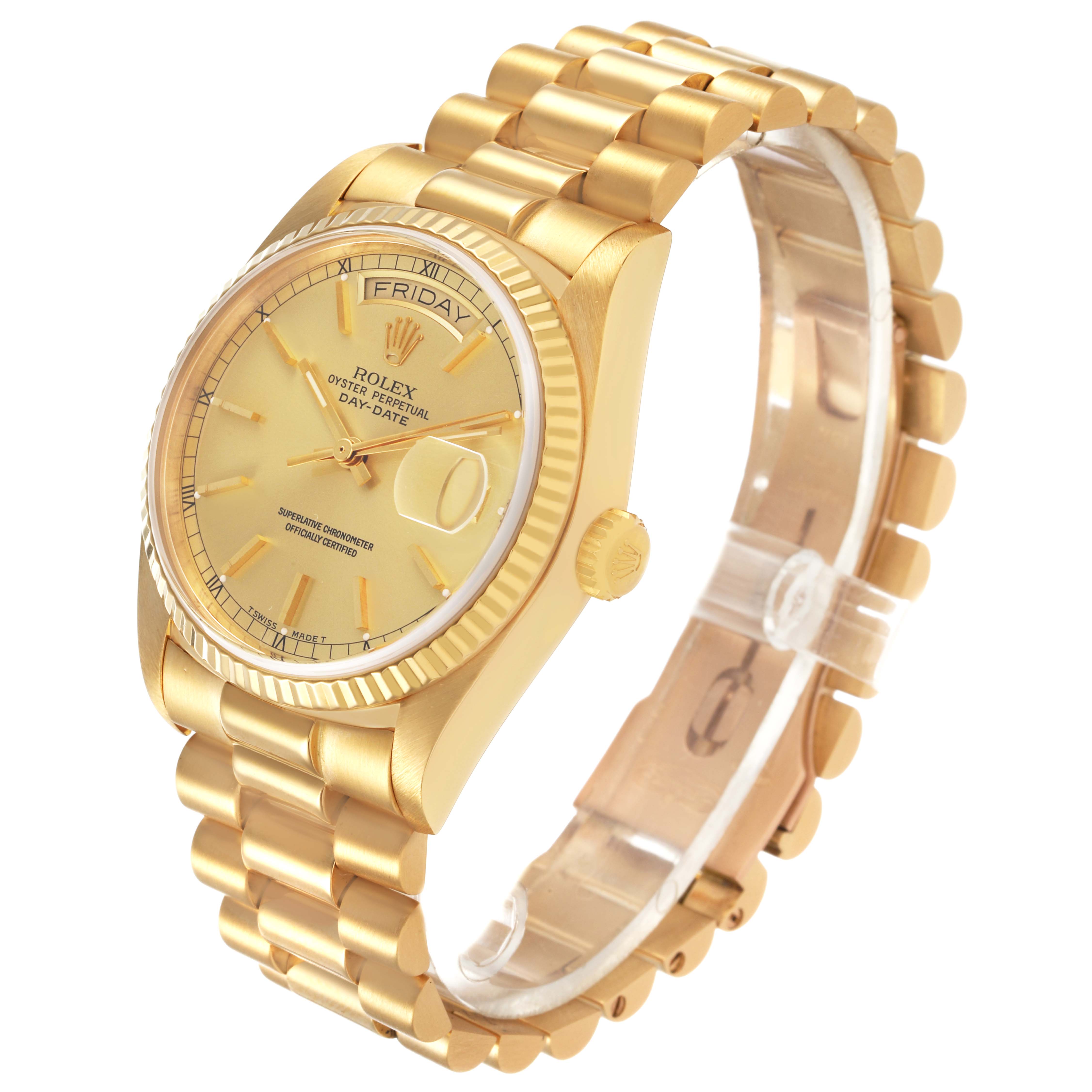 The Rolex President 18038 Men's Yellow Gold Champagne Dial watch is shown at a three-quarter angle, displaying the face, case, bezel, bracelet, and crown.