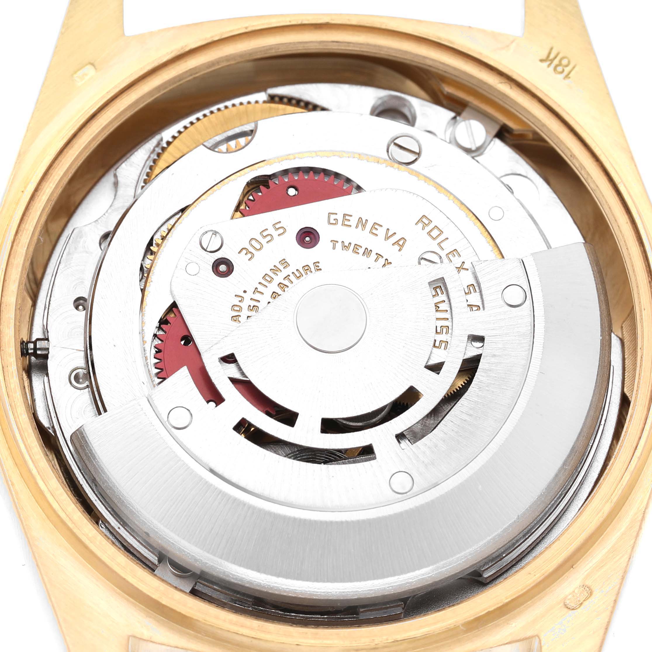 The image shows the movement mechanism of a Rolex President 18038 Men's Yellow Gold Champagne Dial watch from a top-down angle.
