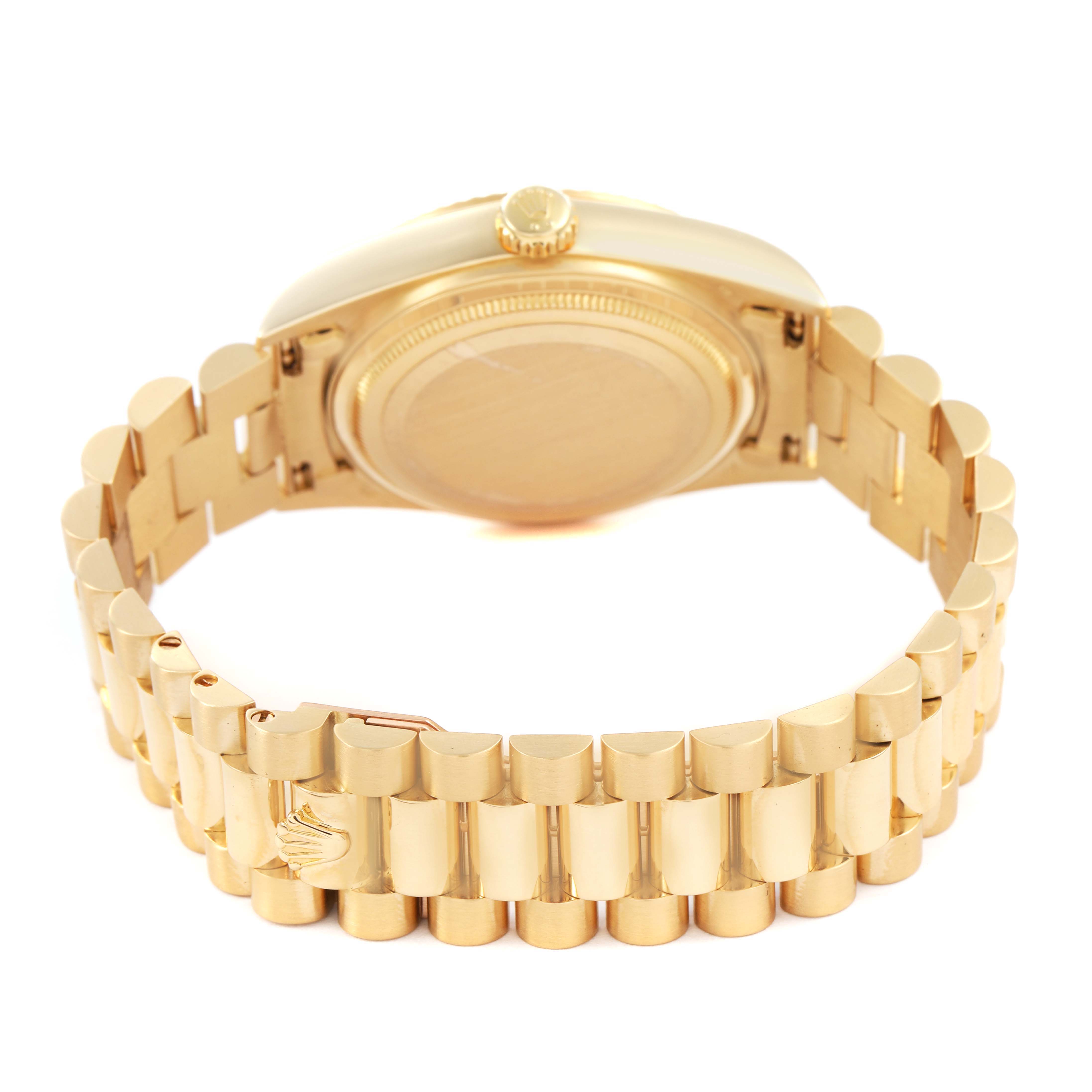 The image shows the back of a Rolex President 18038 Men's Yellow Gold Champagne Dial model, highlighting the case back, crown, and the gold bracelet from a rear angle.