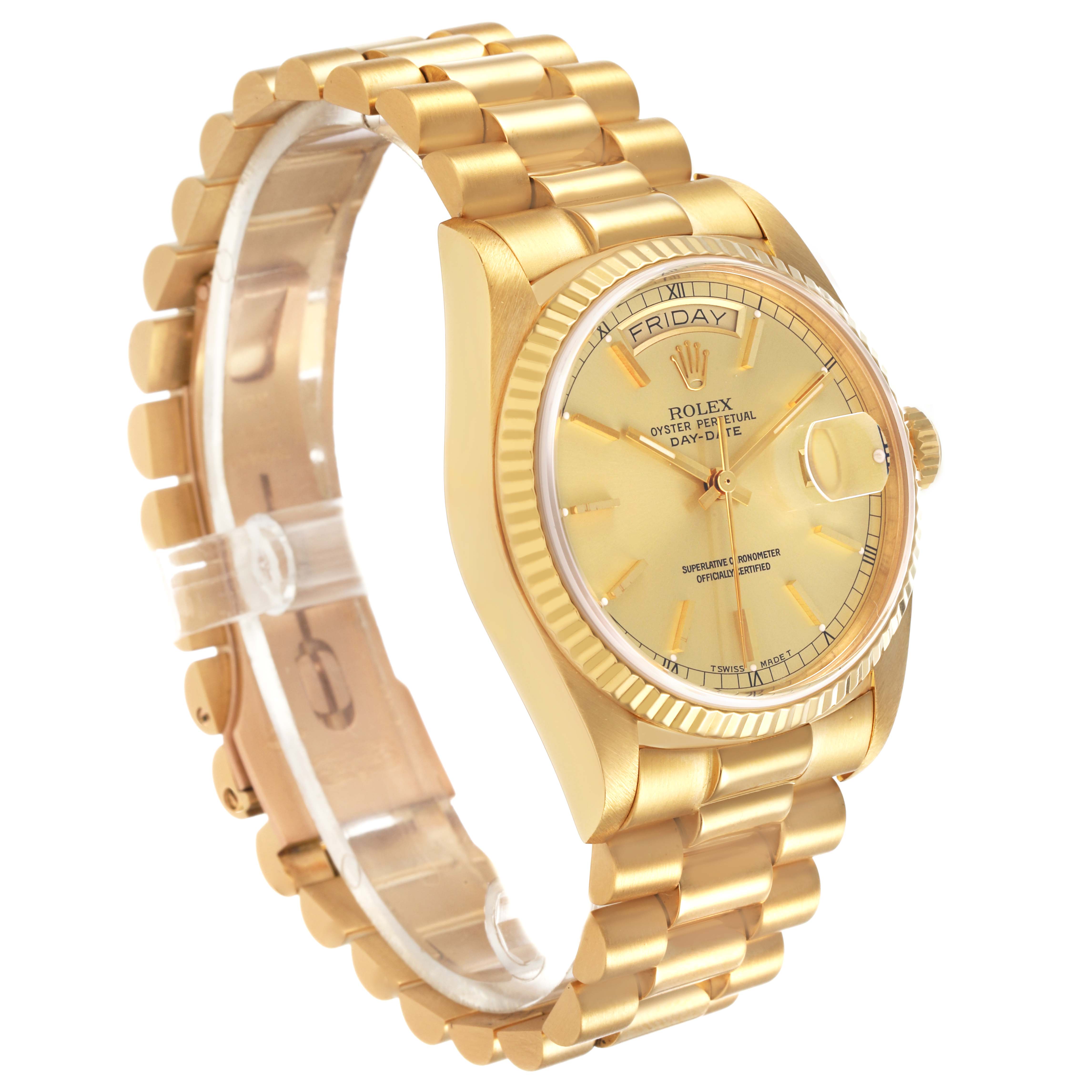 The Rolex President 18038 Men's Yellow Gold Champagne Dial model watch is shown at a three-quarter angle, displaying the face, bracelet, and crown.