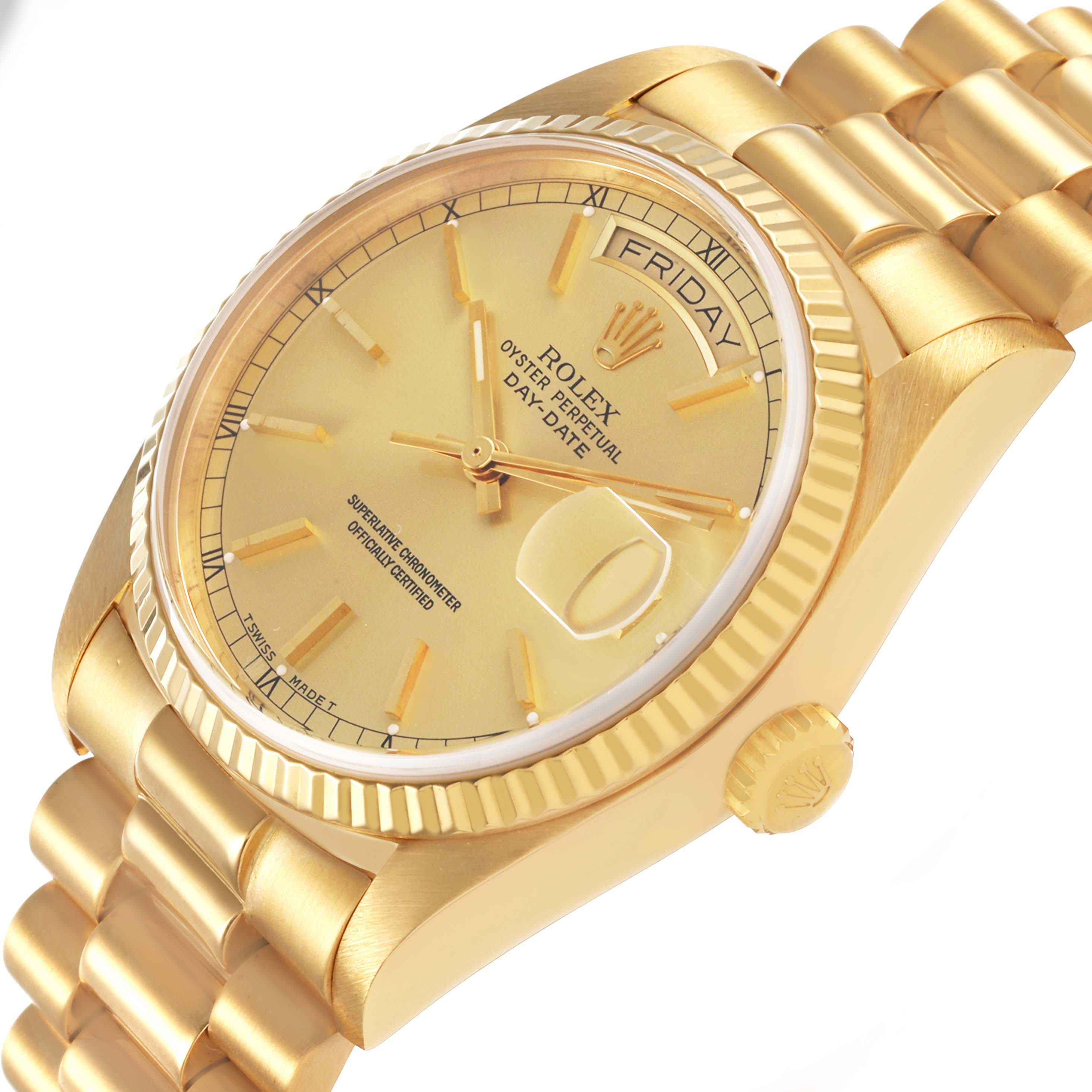 The Rolex President 18038 Men's Yellow Gold Champagne Dial watch is shown at a slight angle, highlighting the dial, bezel, crown, and part of the bracelet.