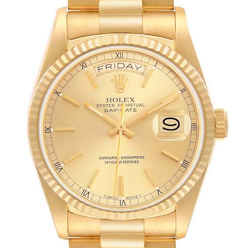 The Rolex President 18038 Mens Yellow Gold Champagne Dial model is shown from a front angle, displaying its gold dial, fluted bezel, and day-date feature.
