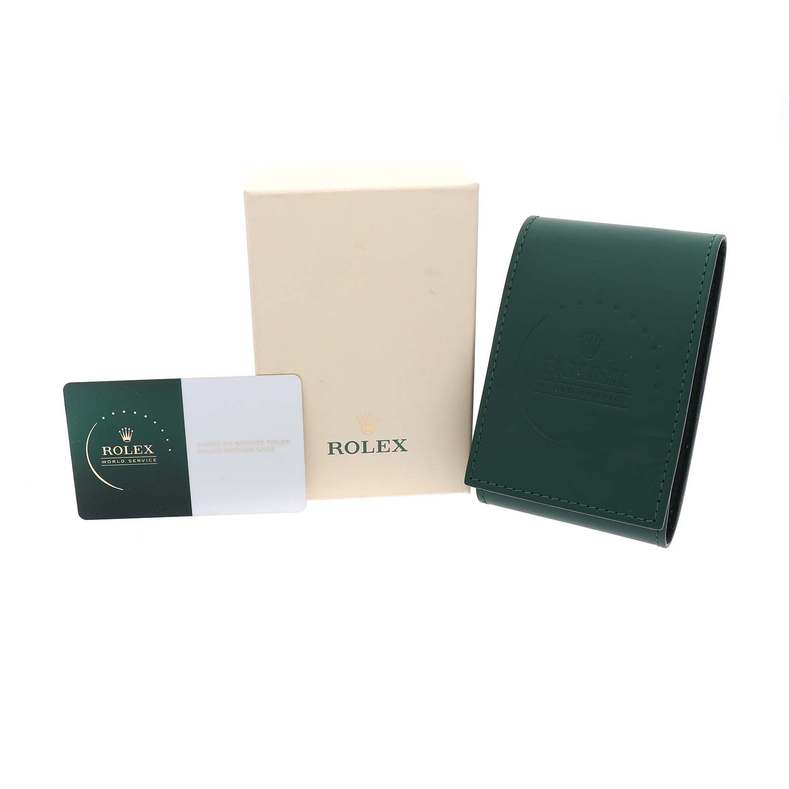The image shows accessories for the Rolex President 36 Men's Yellow Gold Silver Dial model, including a box, a warranty card, and a green leather pouch.
