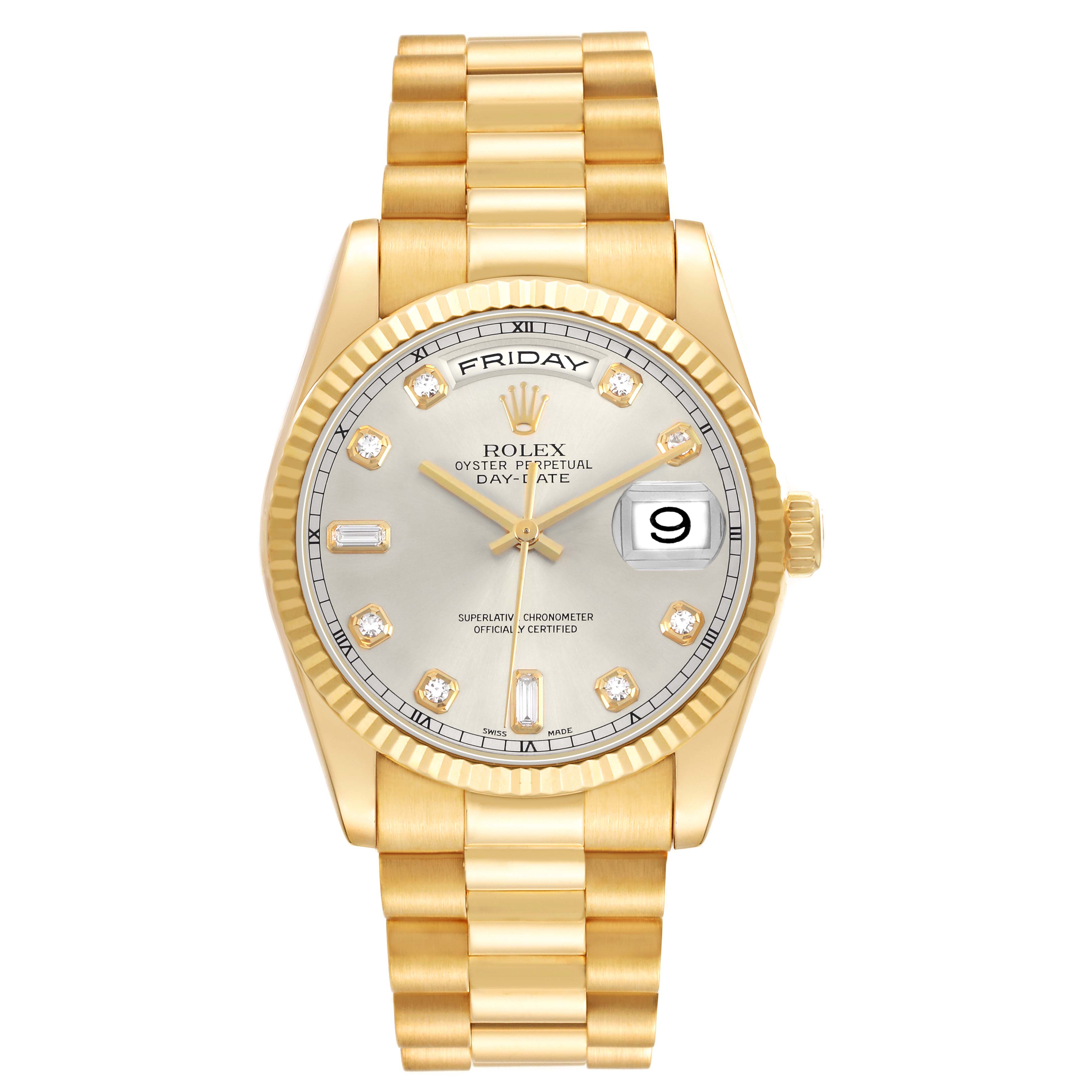 The Rolex President 36 Men's Yellow Gold Silver Dial model is shown from the front, displaying the dial, bezel, bracelet, day, and date features.