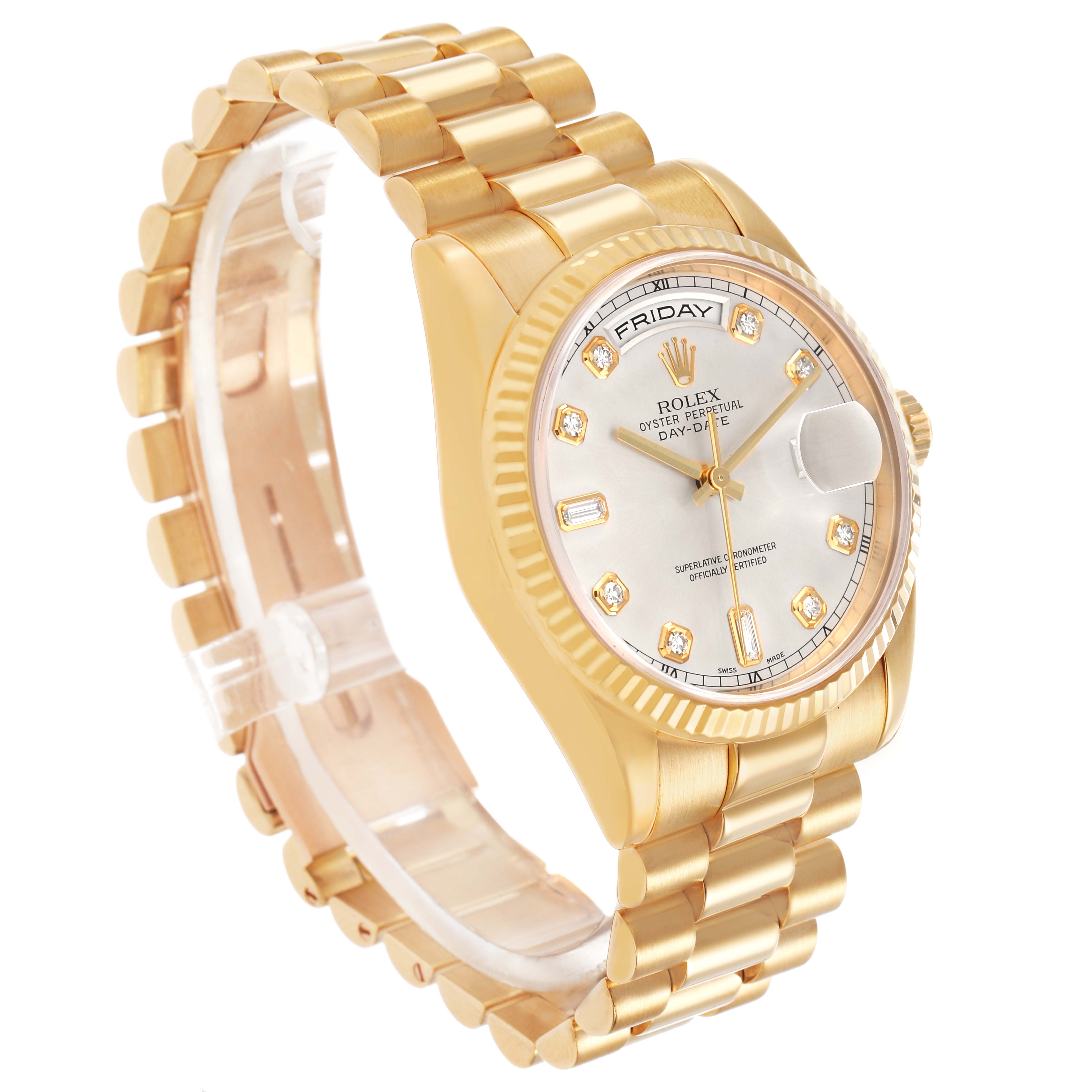 The Rolex President 36 Men's Yellow Gold Silver Dial model watch is shown at a slight angle highlighting its face, band, and bracelet clasp.