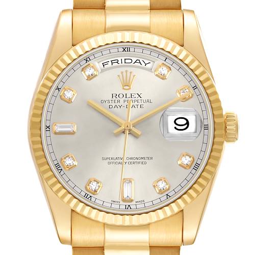 The Rolex President 36 Mens Yellow Gold Silver Dial watch is shown from the front, highlighting the dial, date window, and part of the bracelet.