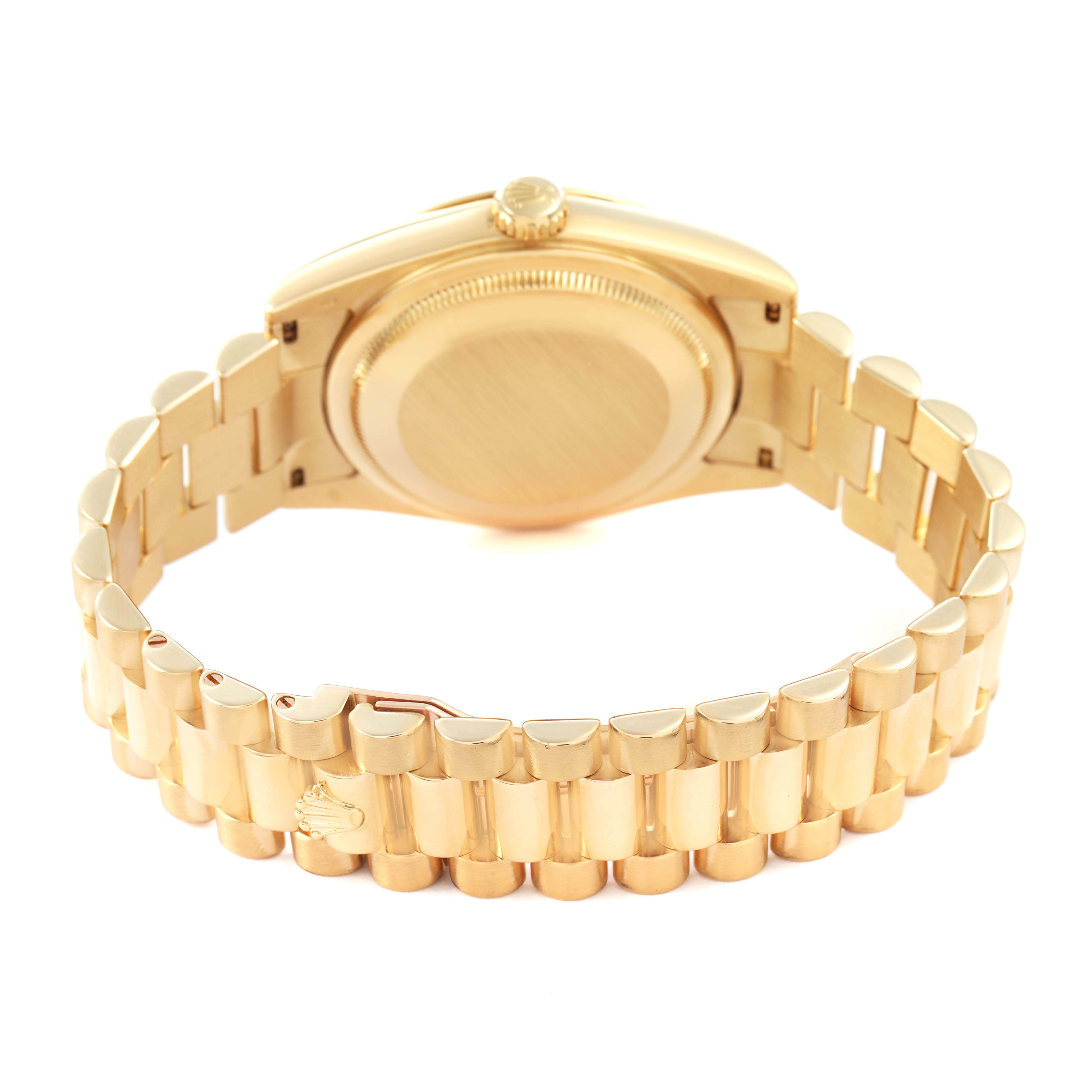 The image shows the back and side of the Rolex President 36 Men's Yellow Gold Silver Dial model, highlighting the bracelet and clasp.
