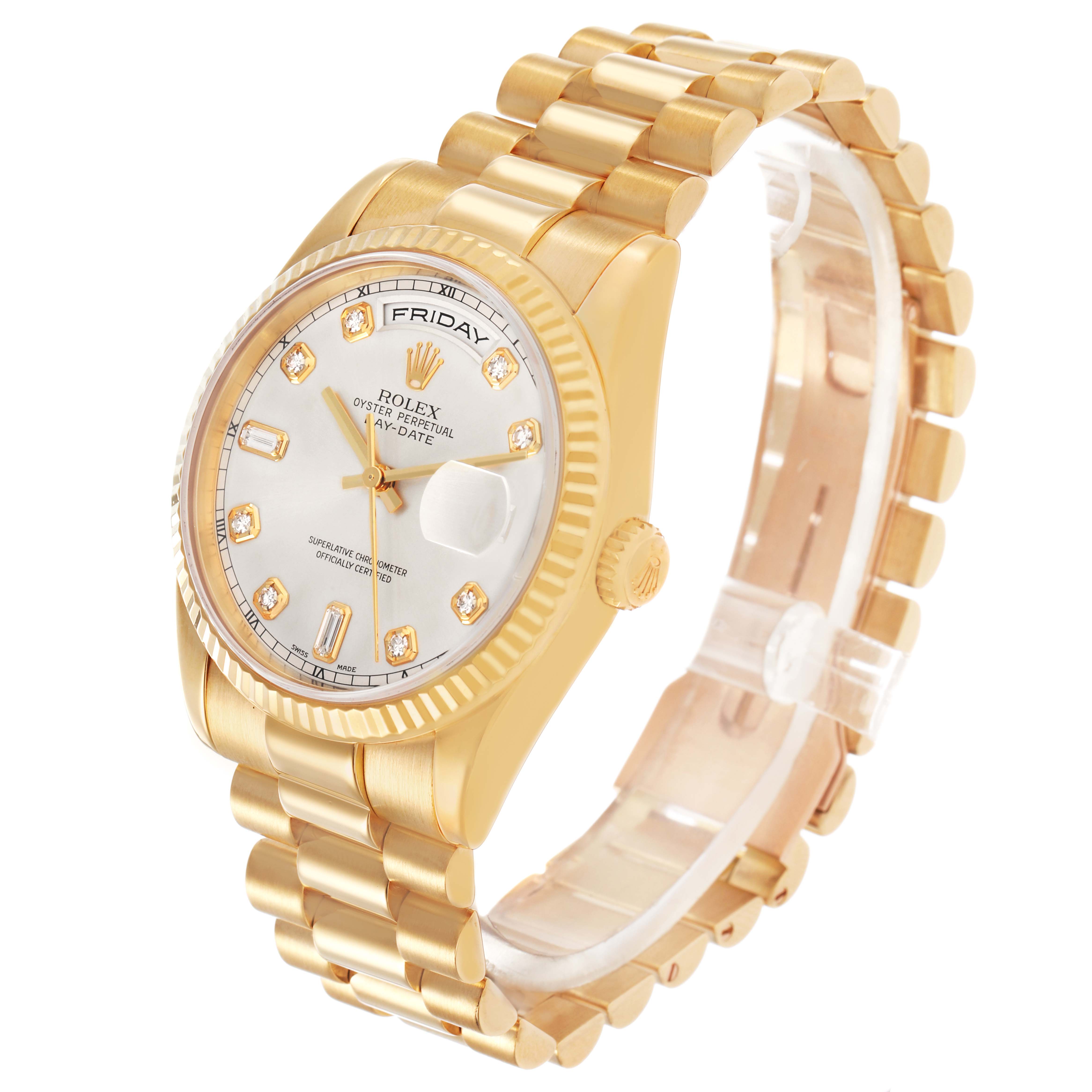 The Rolex President 36 Men's Yellow Gold Silver Dial model is shown at a three-quarter angle, displaying the gold bracelet, dial, and fluted bezel.