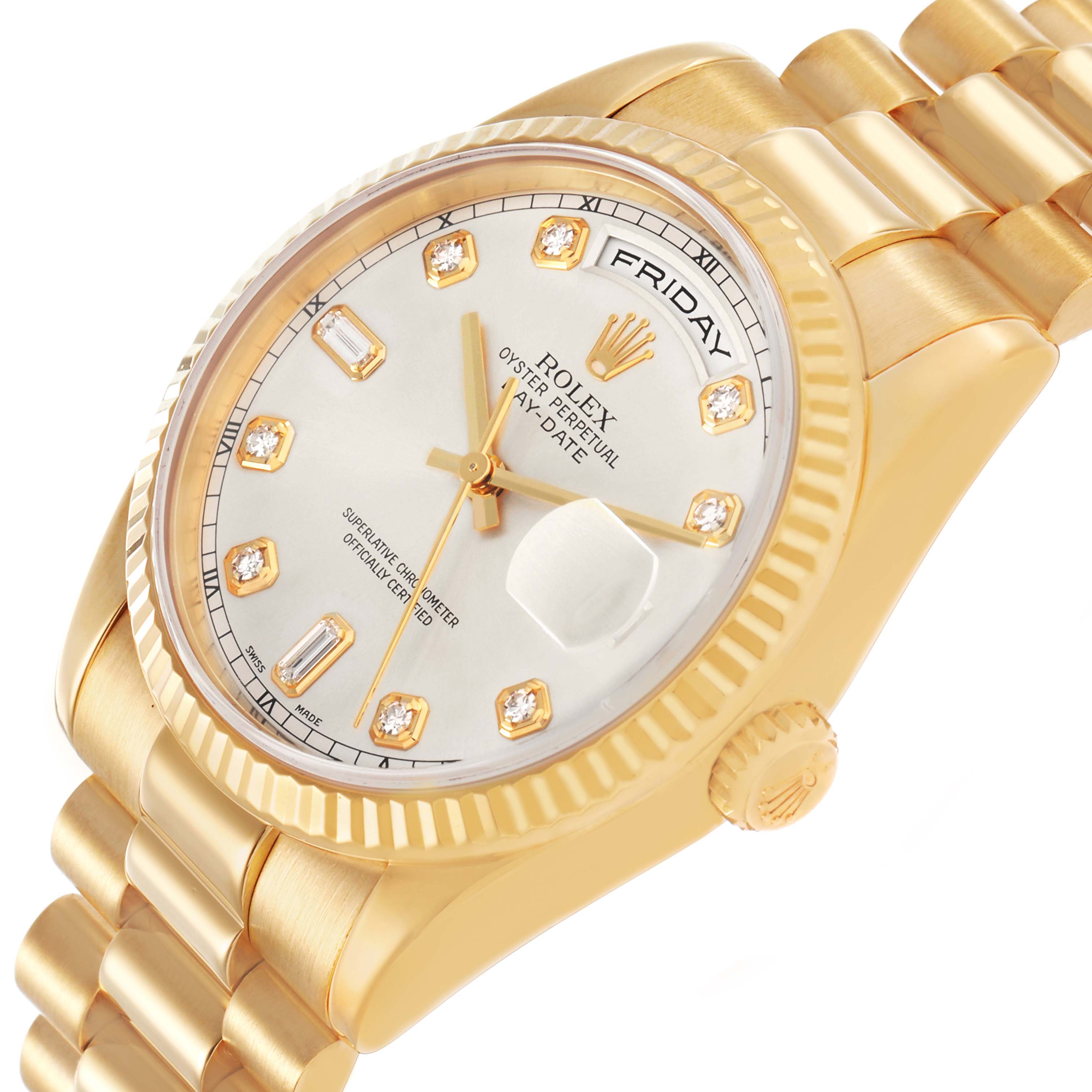 The Rolex President 36 Men's Yellow Gold Silver Dial model watch is shown at a three-quarter angle, highlighting the dial, bezel, bracelet, and crown.