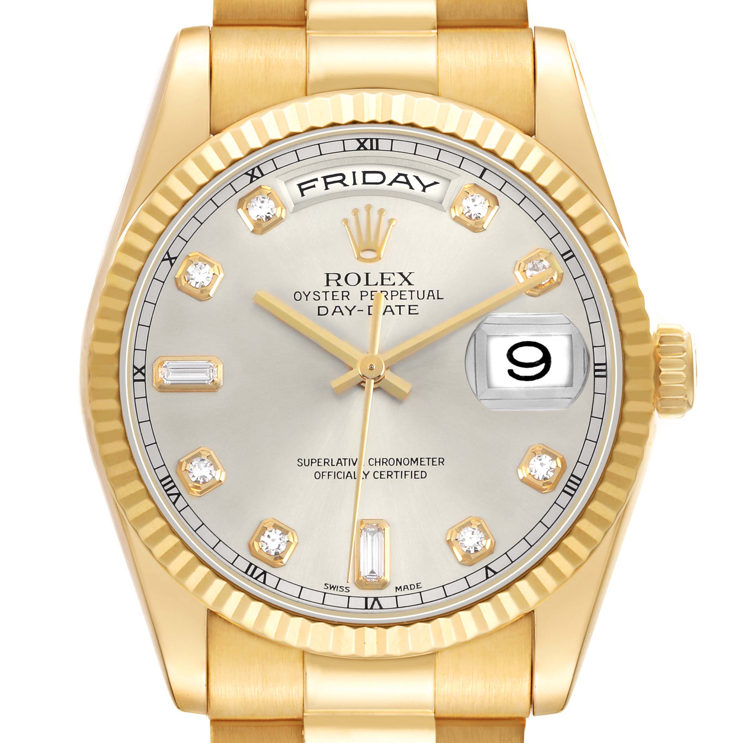 The image shows a front view of a Rolex President 36 Men's Yellow Gold Silver Dial watch, displaying the dial, day, date, and part of the bracelet.