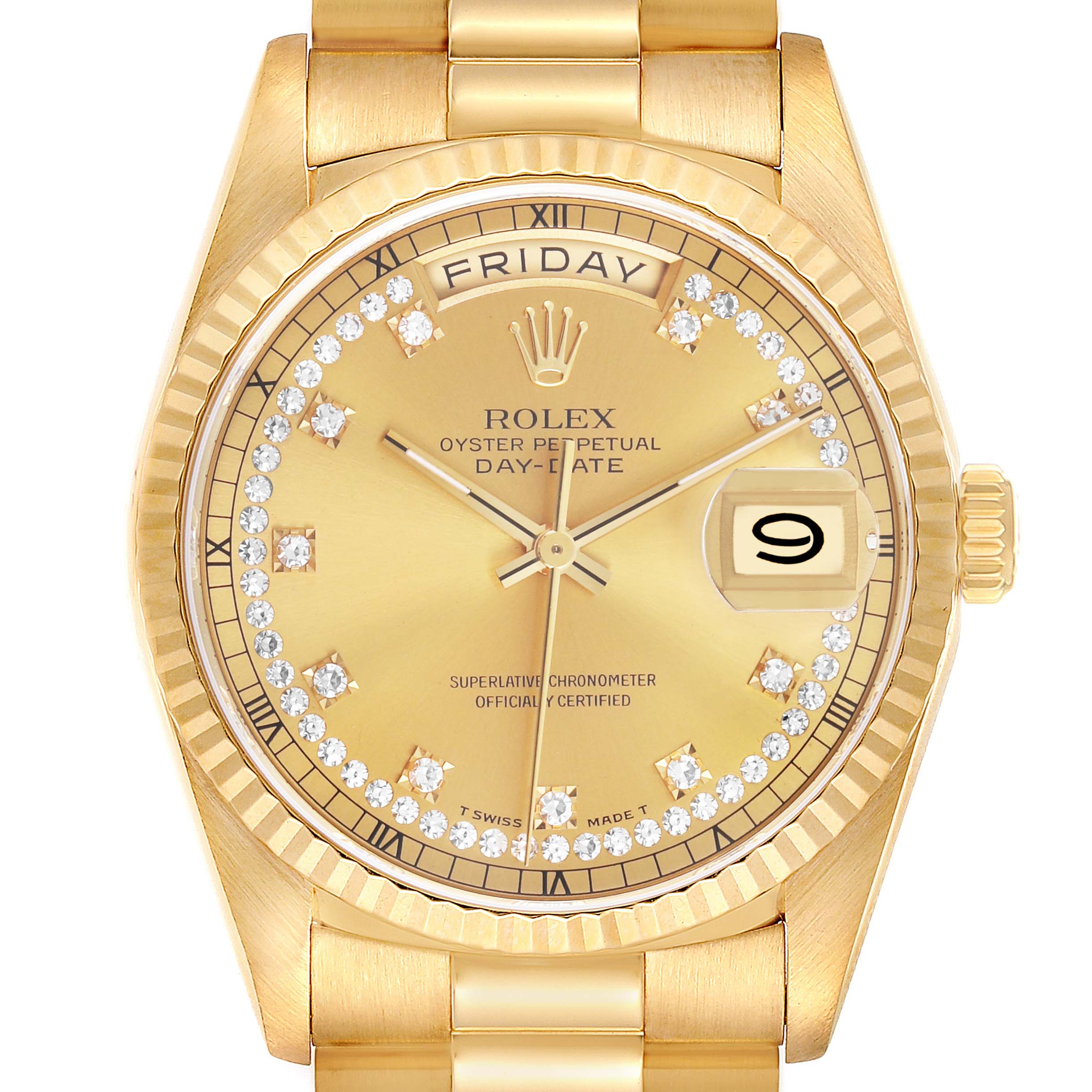 The image shows a frontal view of a Rolex President 18238 Men's Yellow Gold Champagne Dial model, showcasing the dial, day-date display, and bracelet.
