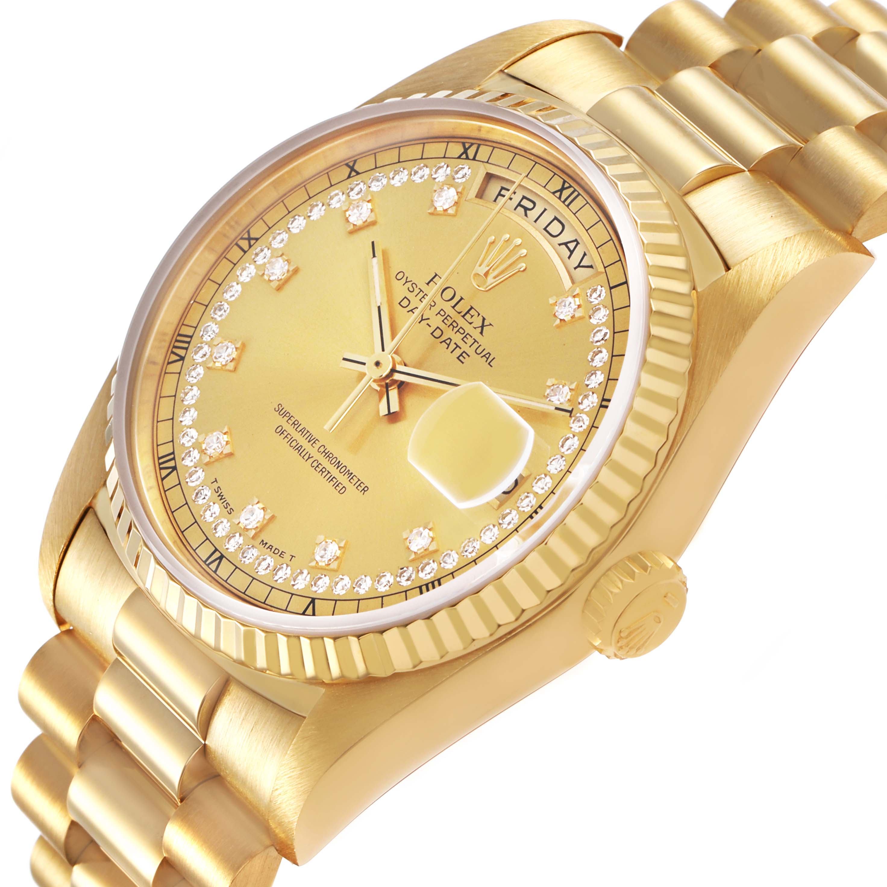 The Rolex President 18238 Men's Yellow Gold Champagne Dial model is shown from a three-quarter angle, highlighting its gold fluted bezel, diamond markers, and bracelet.