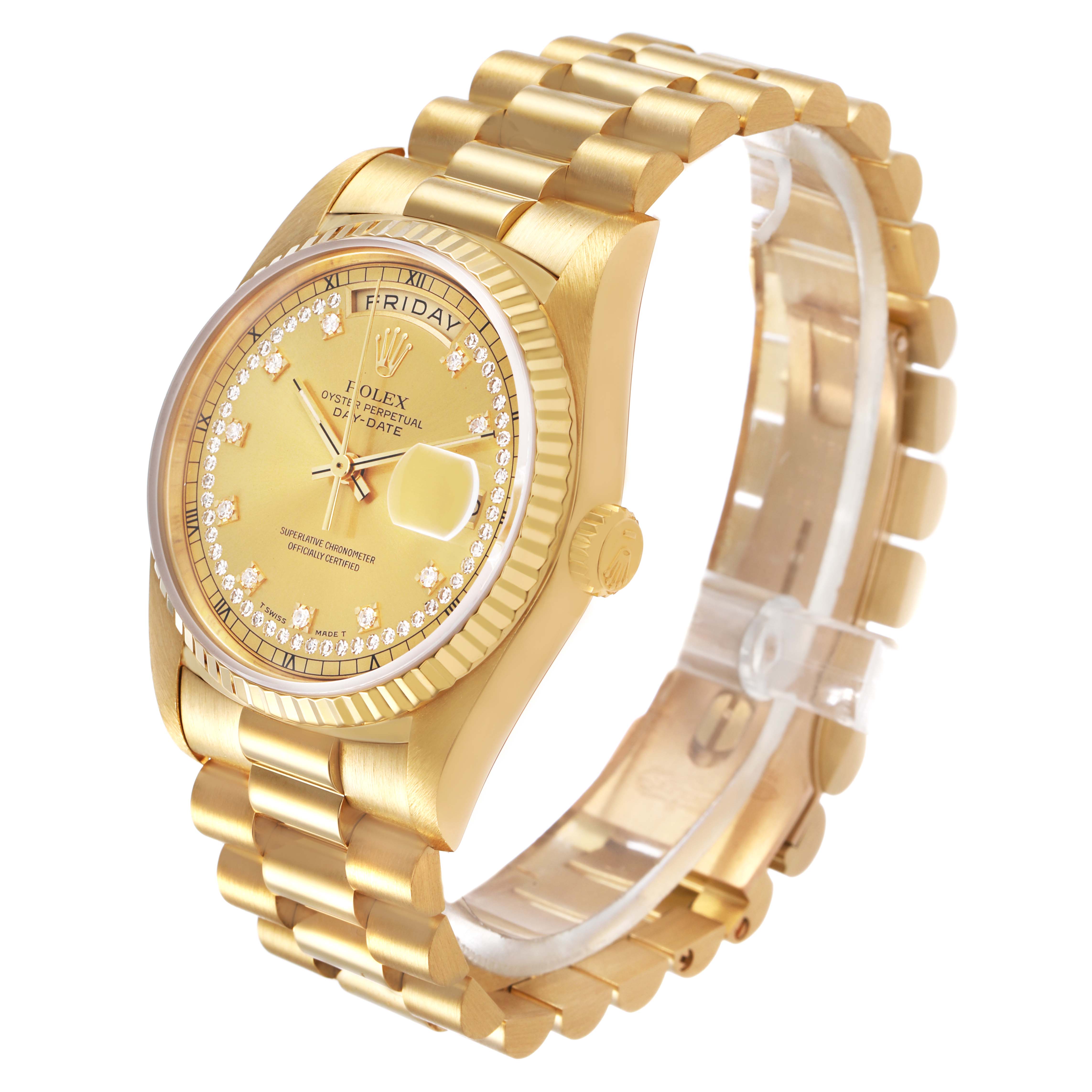 The Rolex President 18238 Men's Yellow Gold Champagne Dial model is shown at a three-quarter angle, highlighting the dial, bezel, crown, and bracelet.