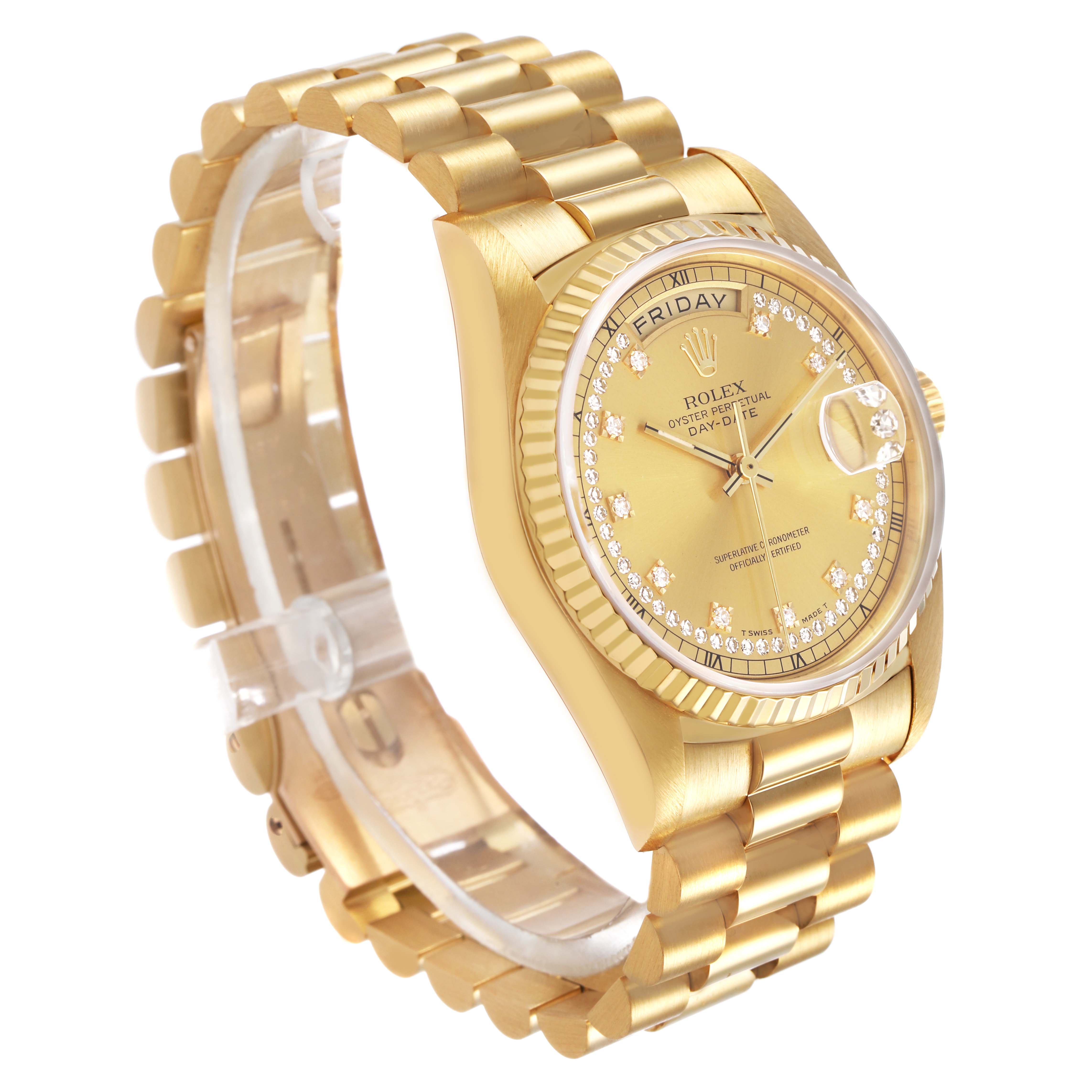 The Rolex President 18238 Men's Yellow Gold Champagne Dial watch is shown at an angle displaying the face, bezel, bracelet, and crown.