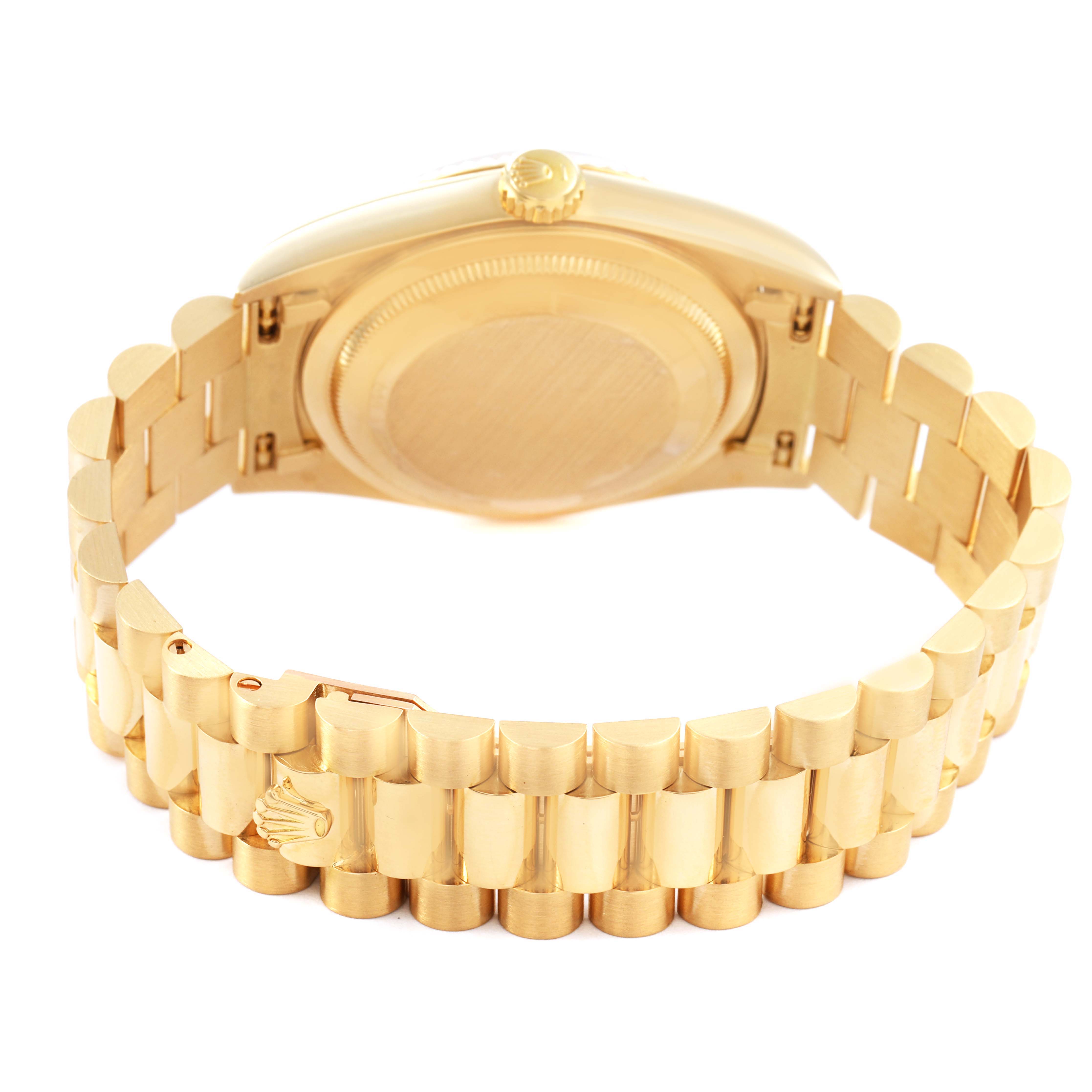 The image shows the back and bracelet of the Rolex President 18238 Men's Yellow Gold Champagne Dial model, highlighting the clasp and case back.