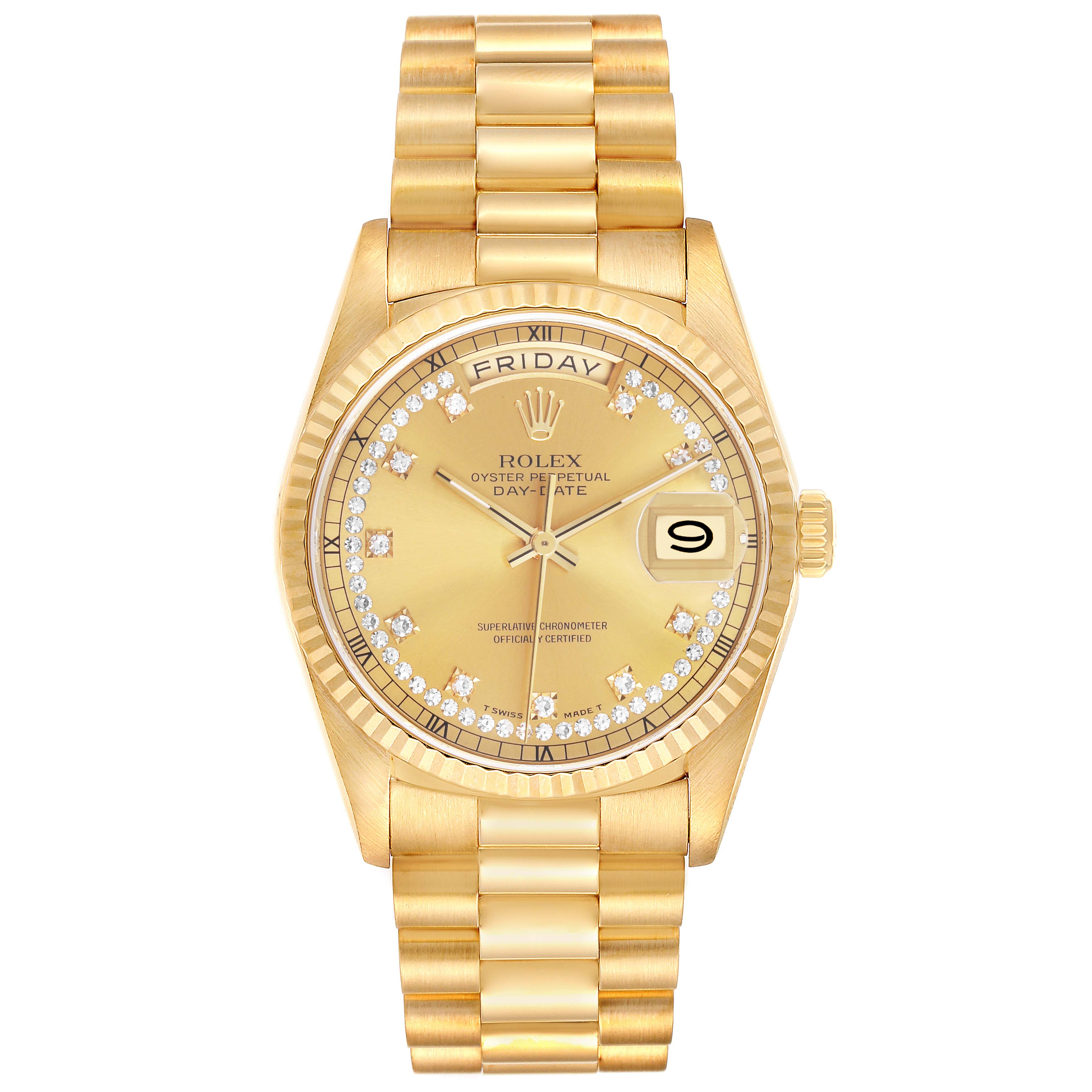 The Rolex President 18238 Men's Yellow Gold Champagne Dial model watch is shown from the front, highlighting the face, bezel, and bracelet.