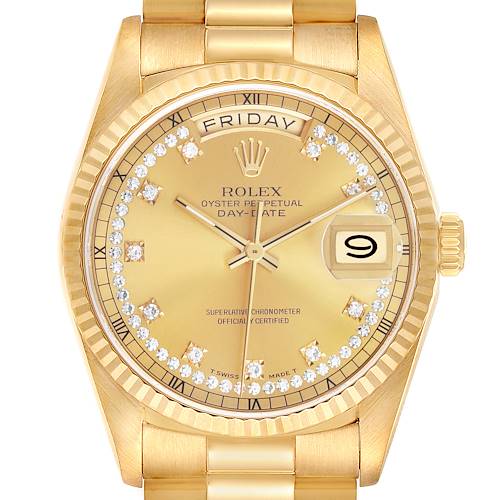 The Rolex President 18238 Mens Yellow Gold Champagne Dial model is shown from the front, highlighting the dial, bezel, bracelet, and crown.