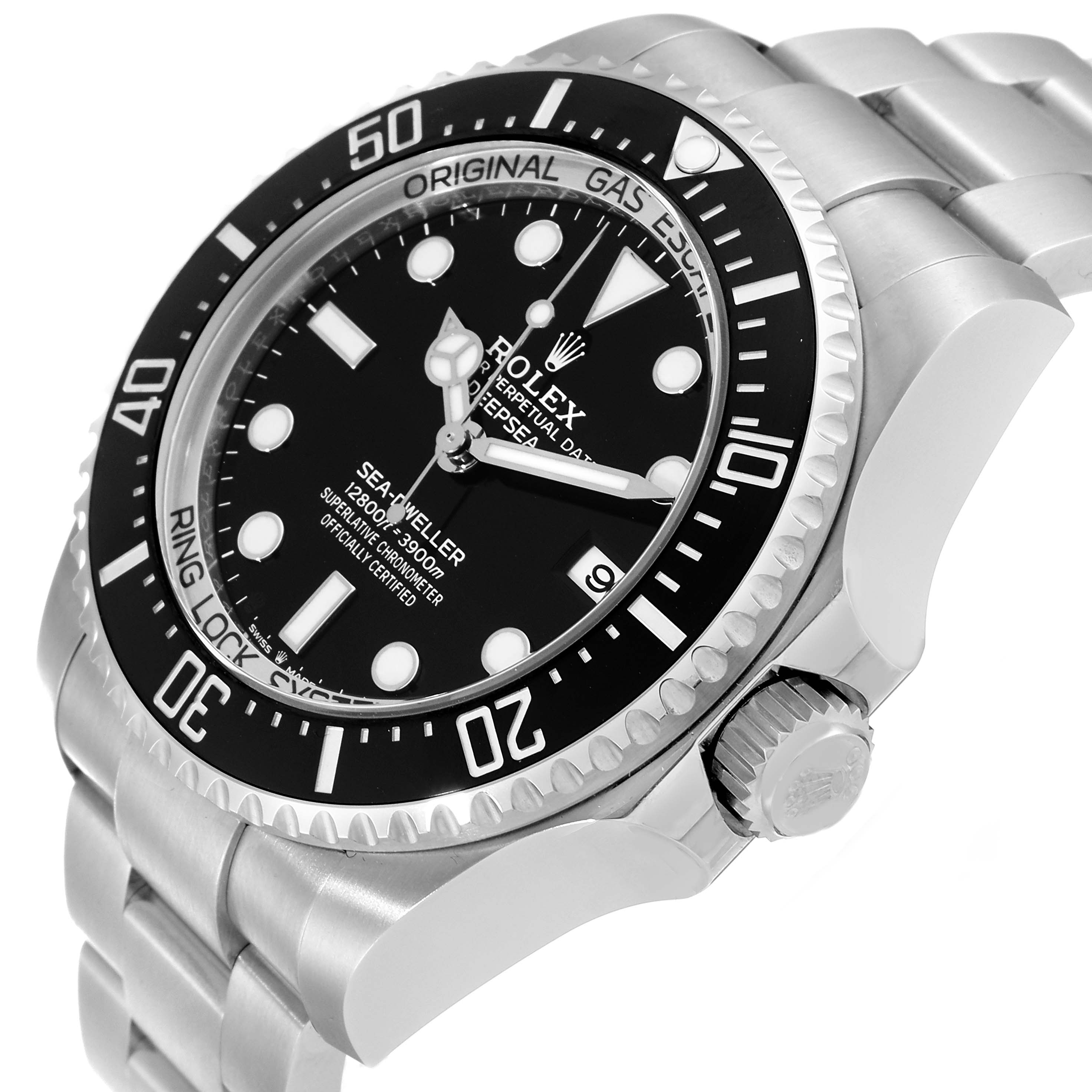 The image shows a Rolex Sea-Dweller 136660 Men
s Stainless Steel Black Dial 136660 Men
s Stainless Steel Black Dial watch at an angled top-side view, highlighting its dial, bezel, case, and part of the bracelet.
