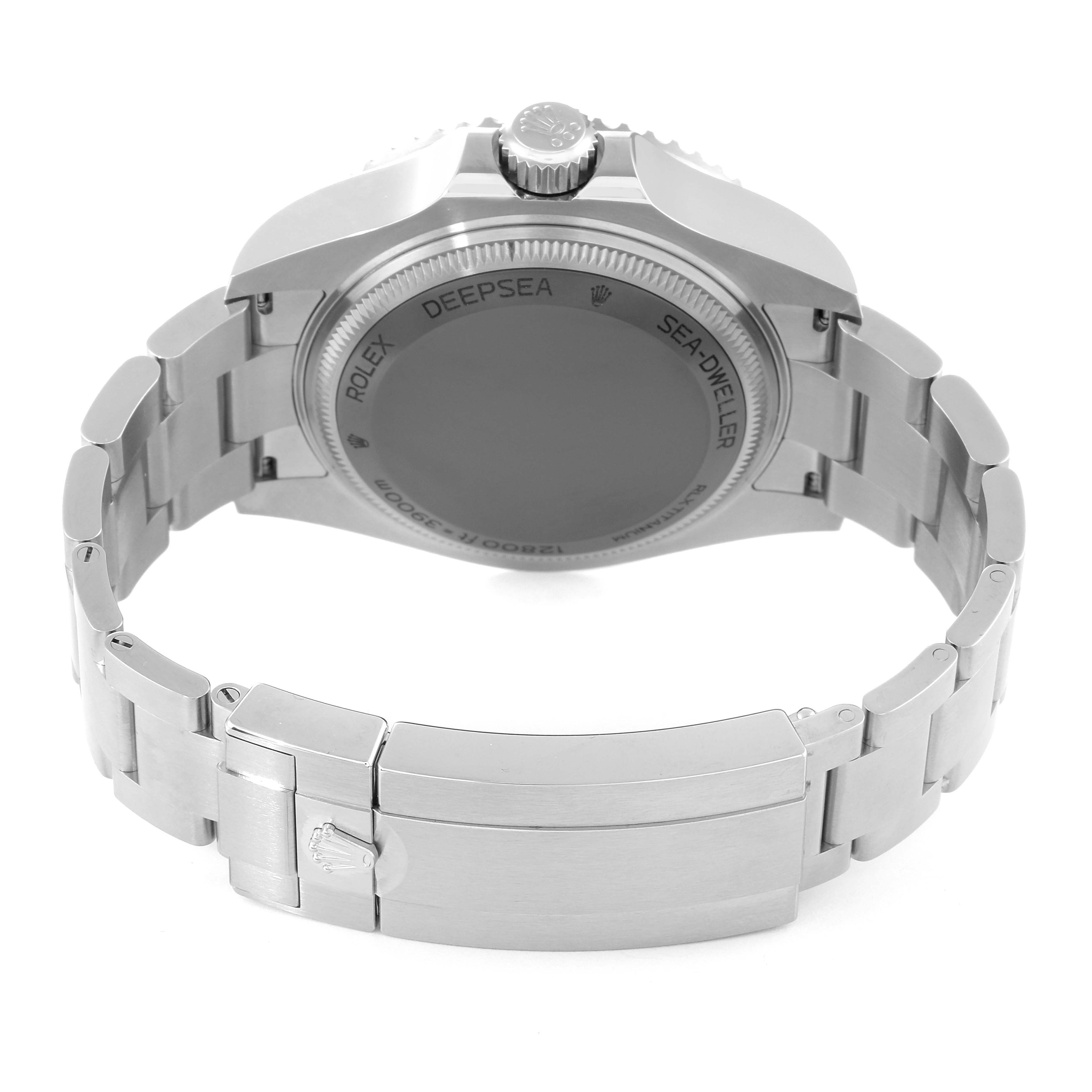 This image shows the back view of a Rolex Sea-Dweller 136660 Men
s Stainless Steel Black Dial 136660 Men
s Stainless Steel Black Dial watch, highlighting the bracelet, clasp, and case back.