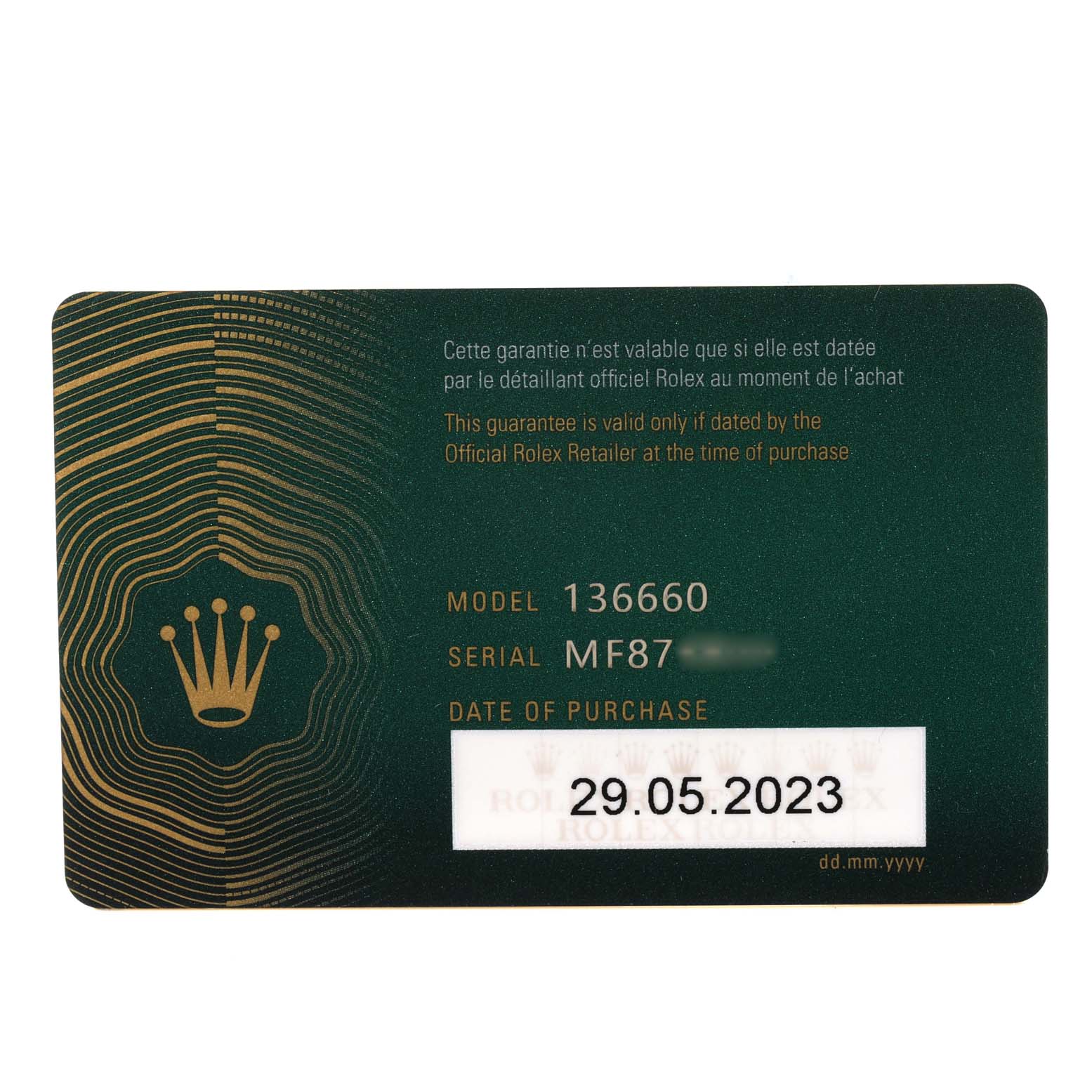 This image shows the warranty card for the Rolex Sea-Dweller 136660 Men
s Stainless Steel Black Dial 136660 Men
s Stainless Steel Black Dial model, displaying the model number, serial number, and date of purchase.