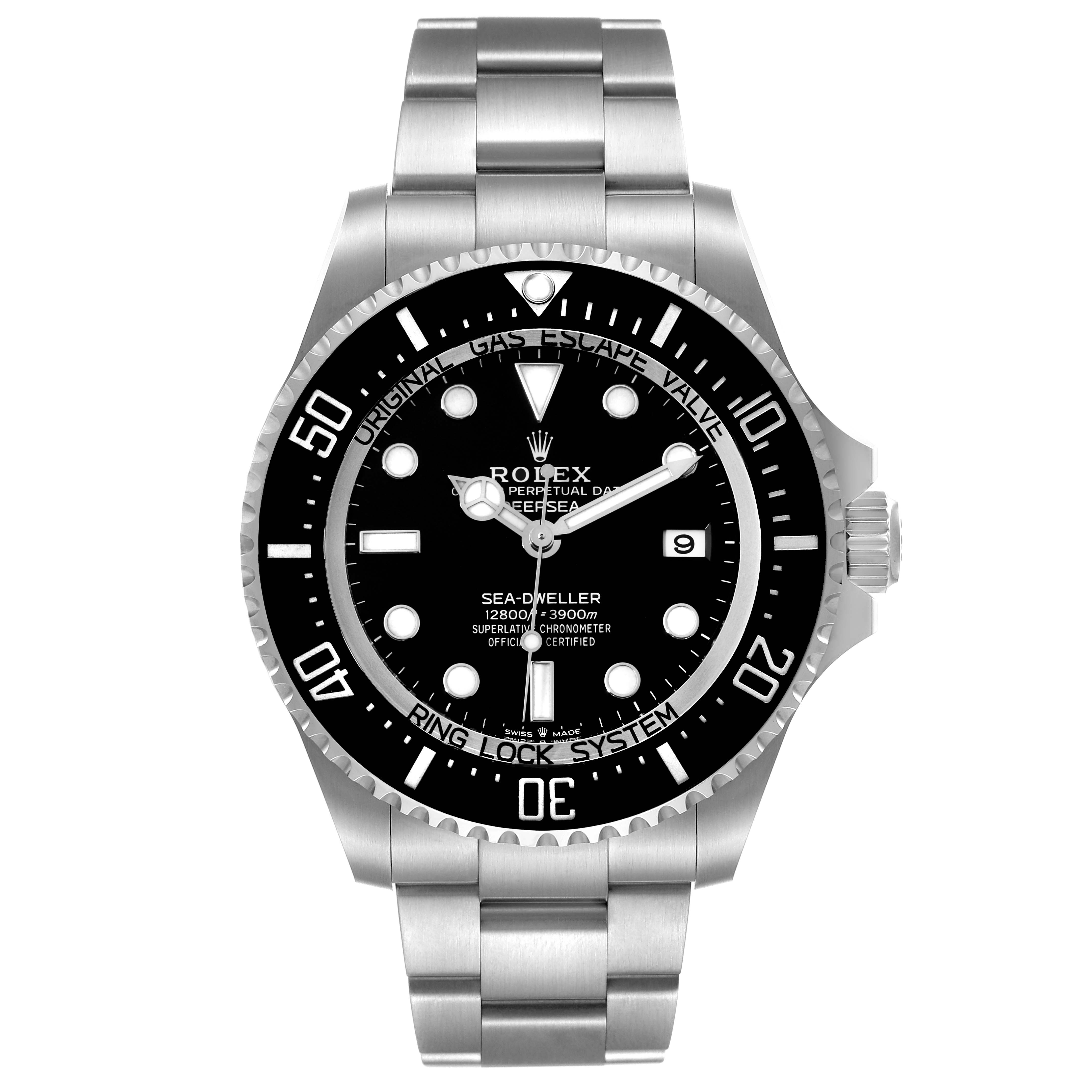 The Rolex Sea-Dweller 136660 Men
s Stainless Steel Black Dial 136660 Men
s Stainless Steel Black Dial watch is shown from a front angle, highlighting its dial, bezel, and metal bracelet.