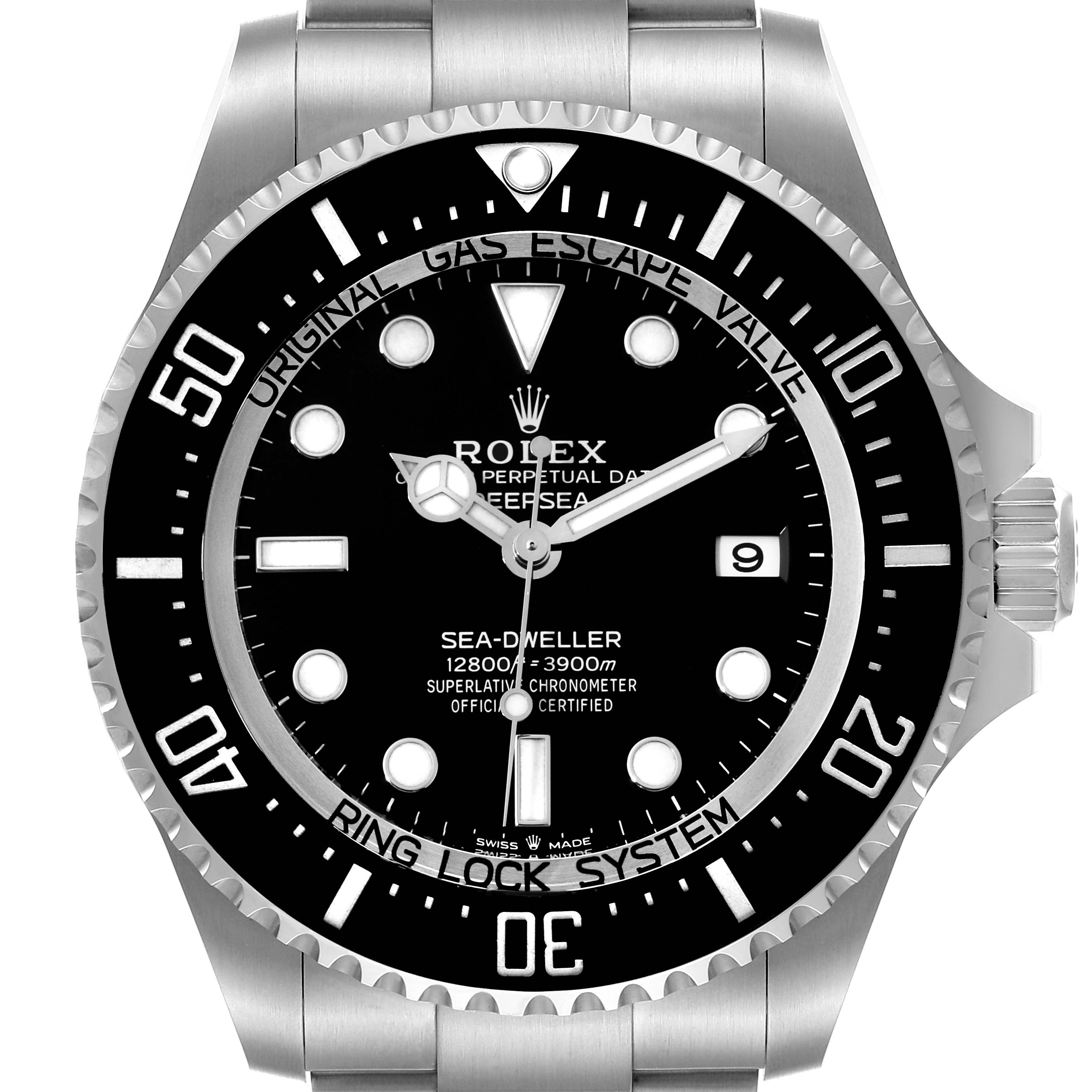 This image shows a front view of the Rolex Sea-Dweller 136660 Men
s Stainless Steel Black Dial 136660 Men
s Stainless Steel Black Dial watch, highlighting its dial, bezel, and part of the bracelet.