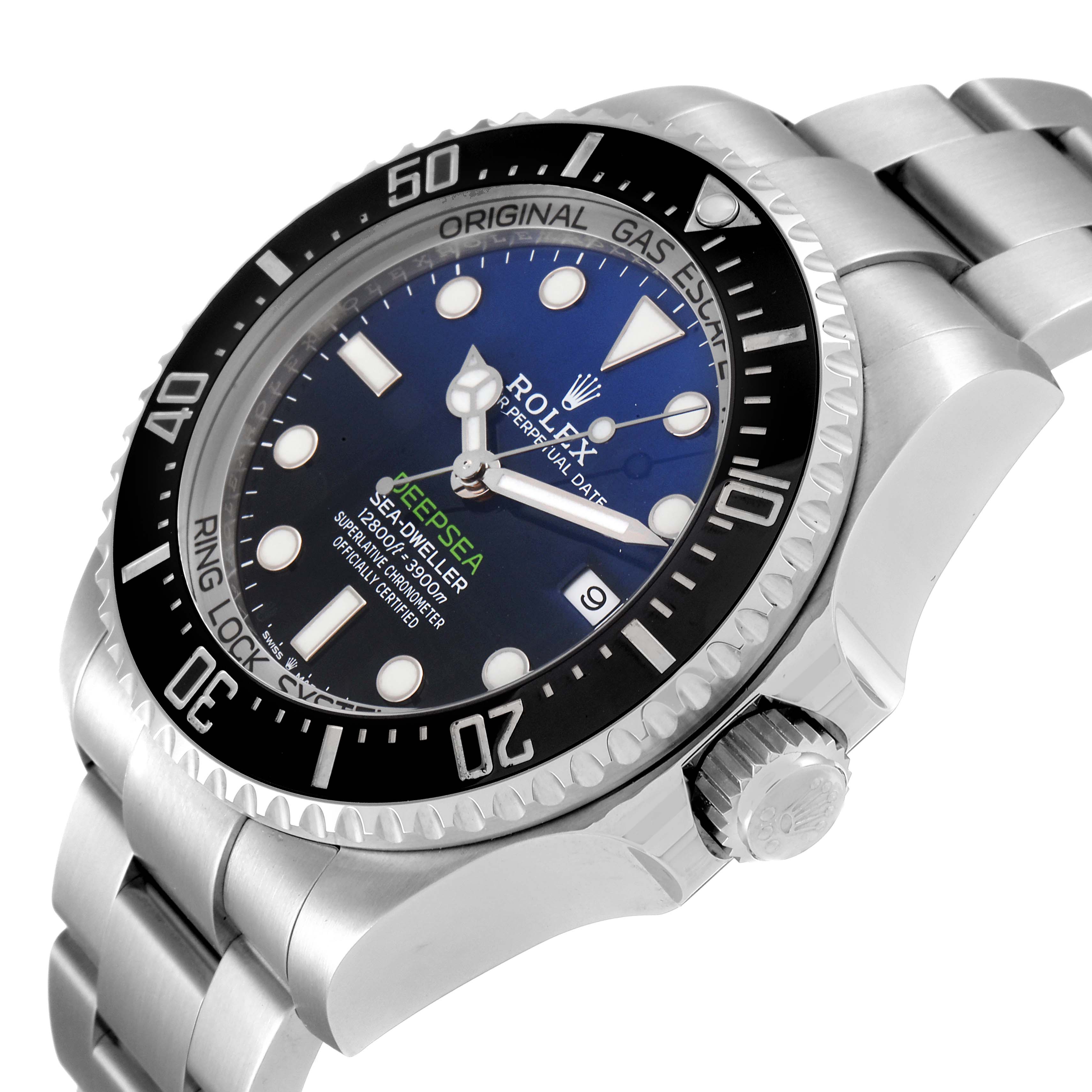 This image shows a close-up of the Rolex Sea-Dweller 126660 Men's Stainless Steel Blue Dial 126660 Men's Stainless Steel Blue Dial watch, highlighting its dial, bezel, crown, and part of the bracelet.