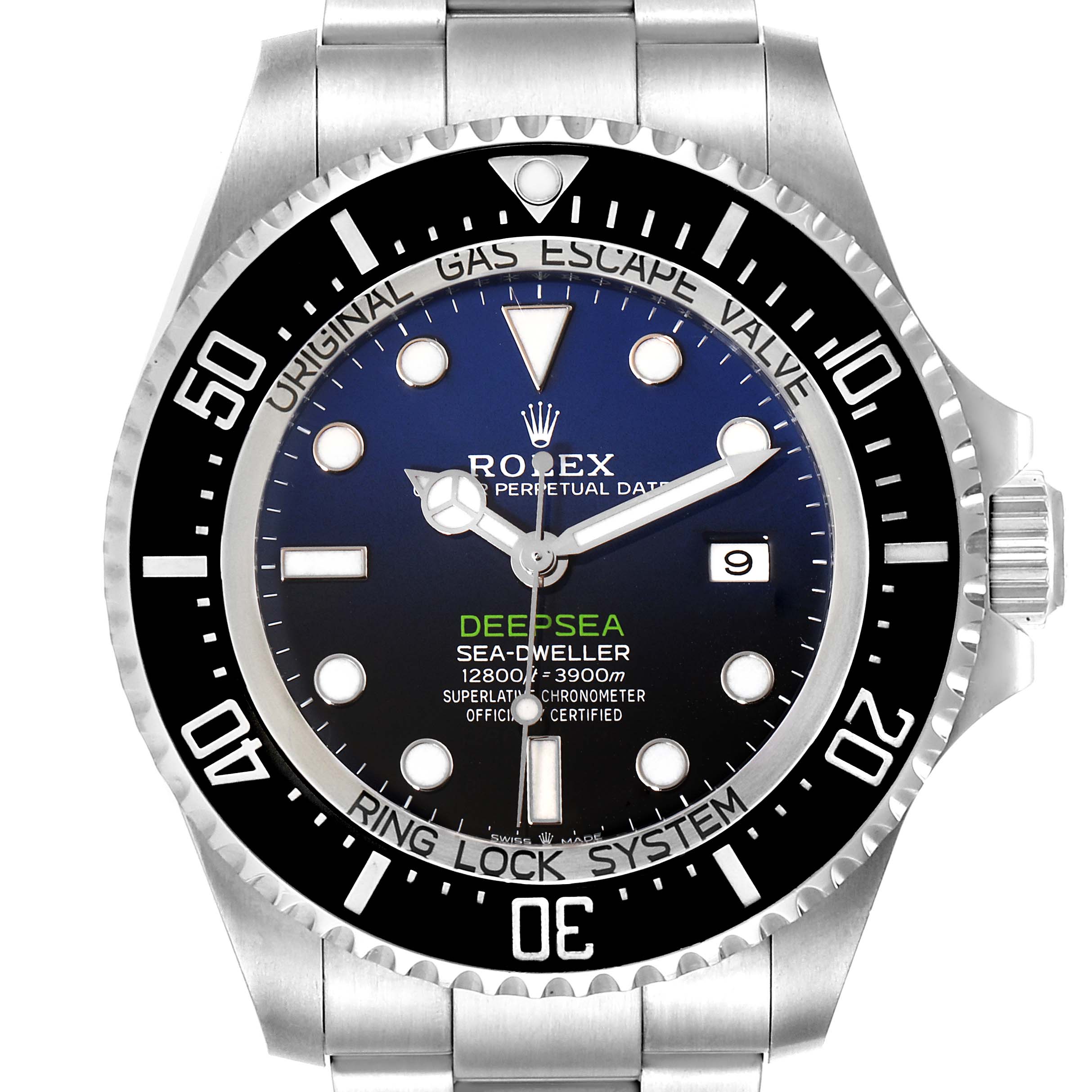 This image shows a front view of the Rolex Sea-Dweller 126660 Men's Stainless Steel Blue Dial 126660 Men's Stainless Steel Blue Dial Deepsea model, highlighting the dial, bezel, and part of the bracelet.
