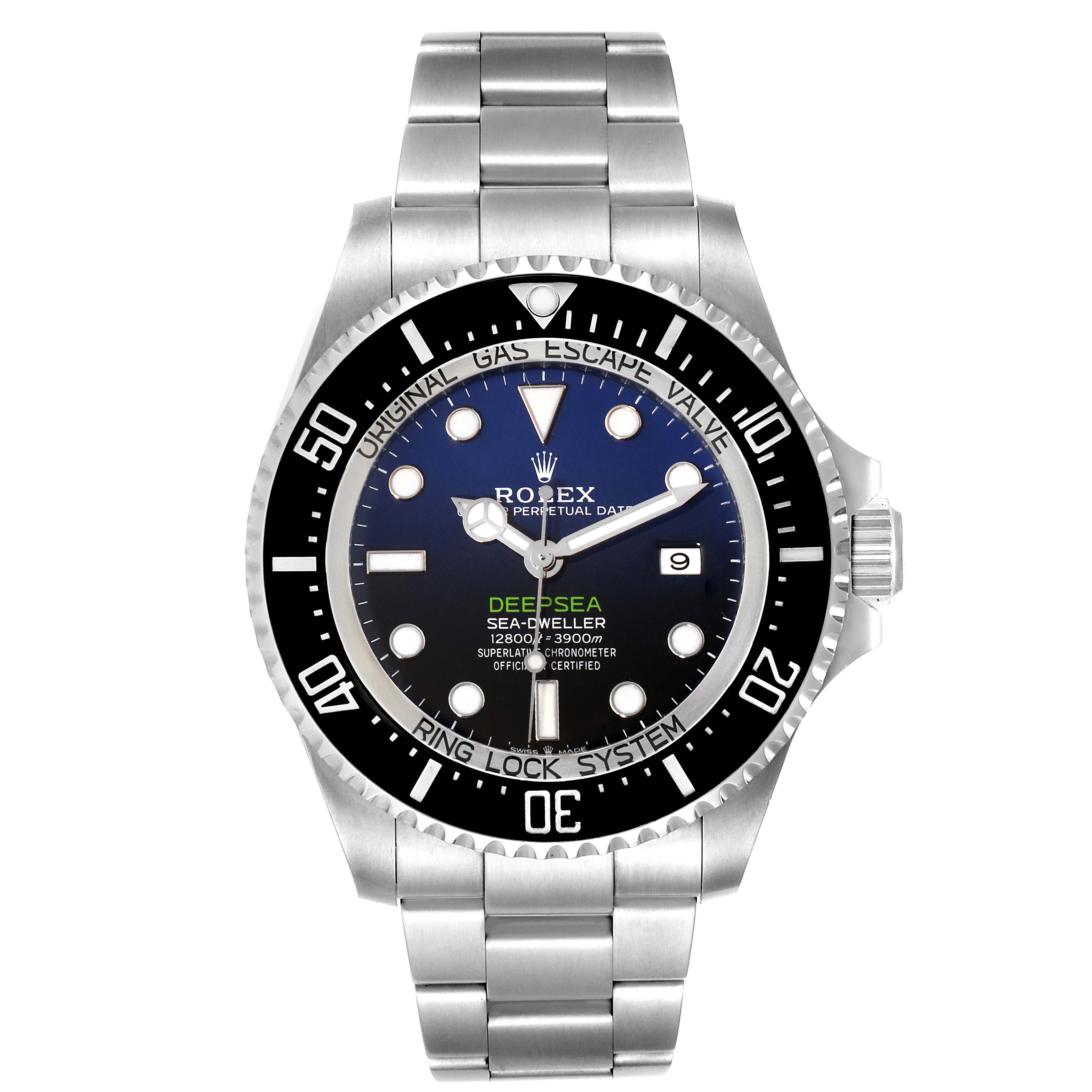 The image shows a front view of the Rolex Sea-Dweller 126660 Men's Stainless Steel Blue Dial 126660 Men's Stainless Steel Blue Dial watch, highlighting the dial, bezel, and bracelet.