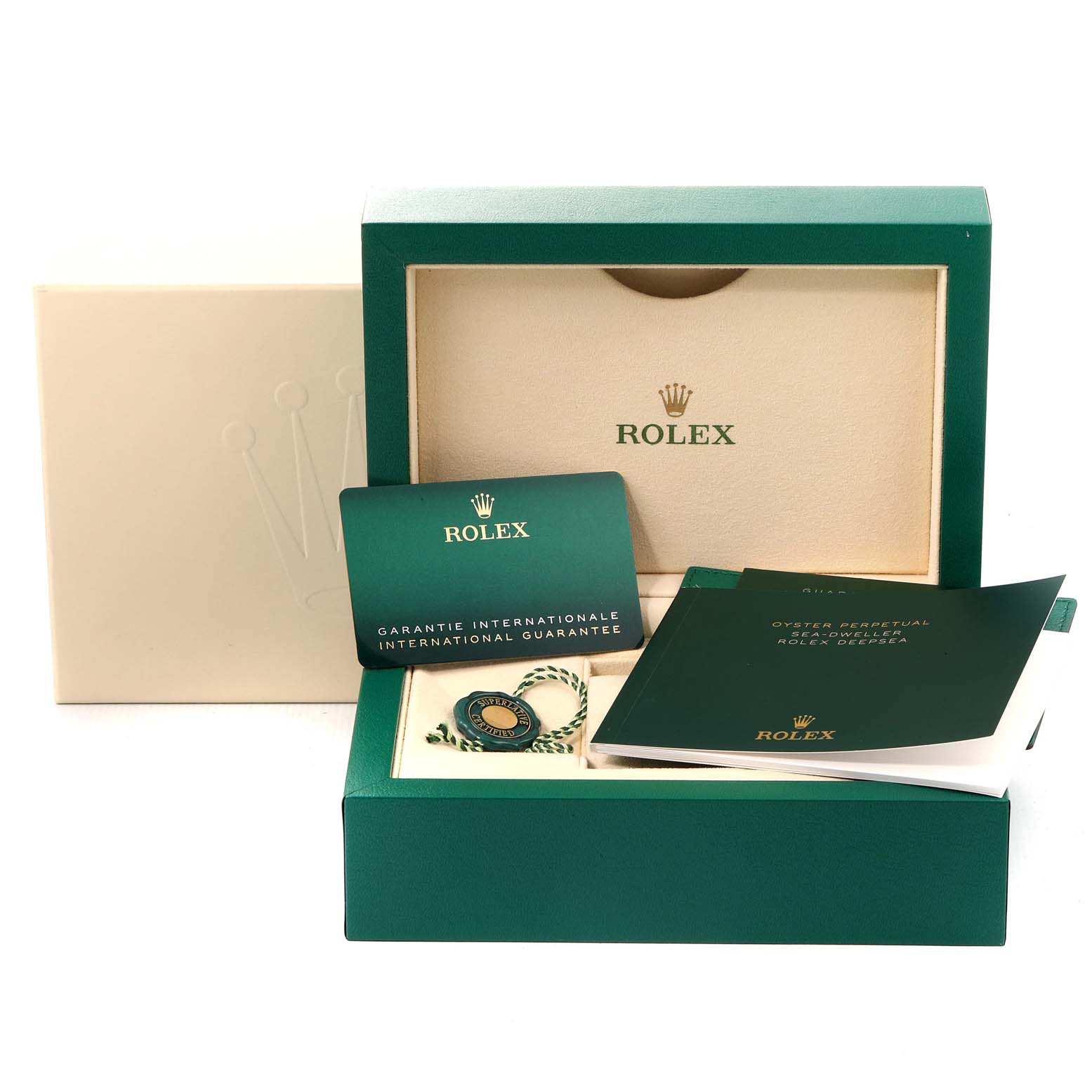 The image shows a Rolex Sea-Dweller 126660 Men's Stainless Steel Blue Dial 126660 Men's Stainless Steel Blue Dial box, guarantee card, booklet, and tag from a frontal angle.