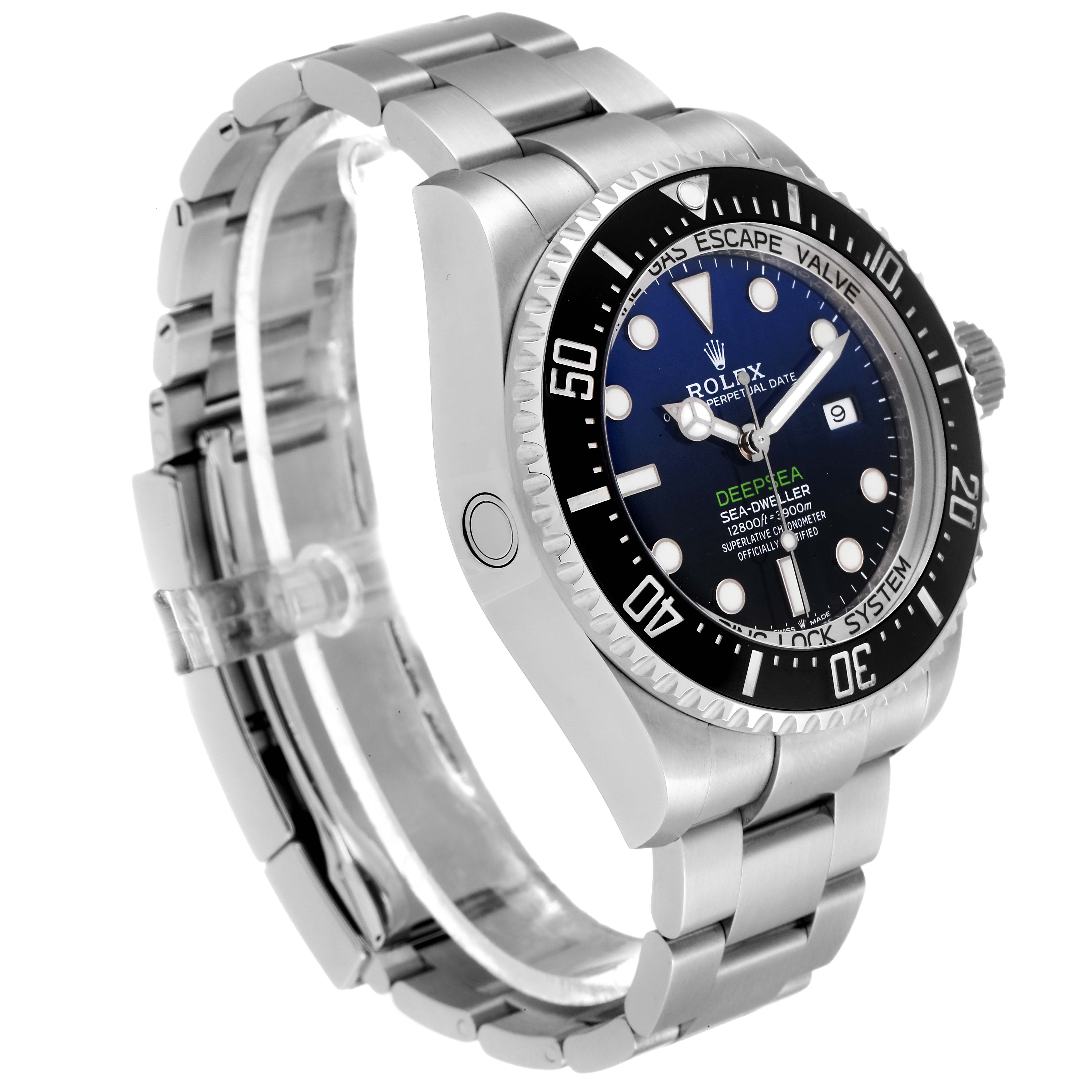 The image shows a side view of a Rolex Sea-Dweller 126660 Men's Stainless Steel Blue Dial 126660 Men's Stainless Steel Blue Dial watch, highlighting the case, bezel, crown, and part of the bracelet.