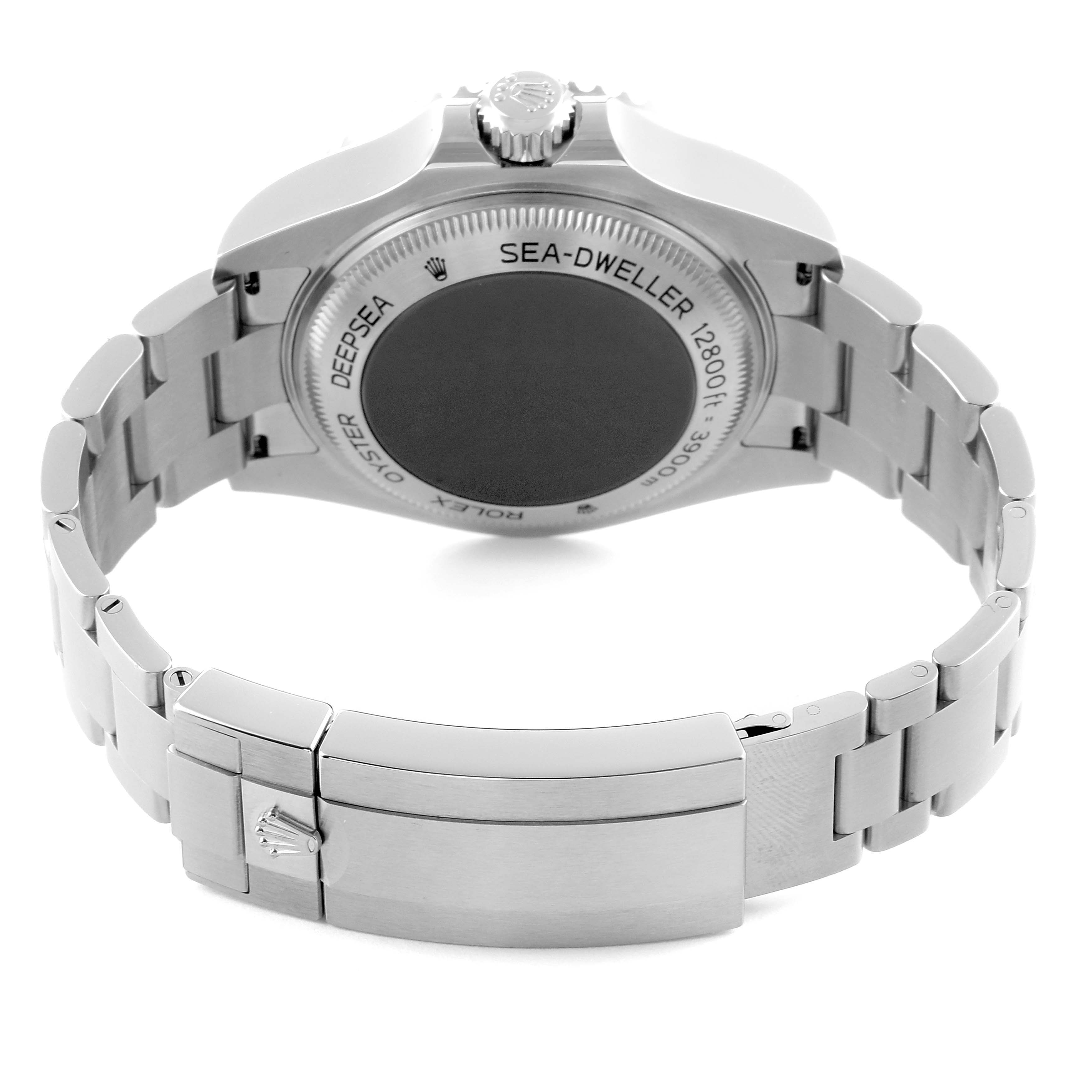 The image shows the back view of a Rolex Sea-Dweller 126660 Men's Stainless Steel Blue Dial 126660 Men's Stainless Steel Blue Dial watch, highlighting the case back, bracelet, and clasp.