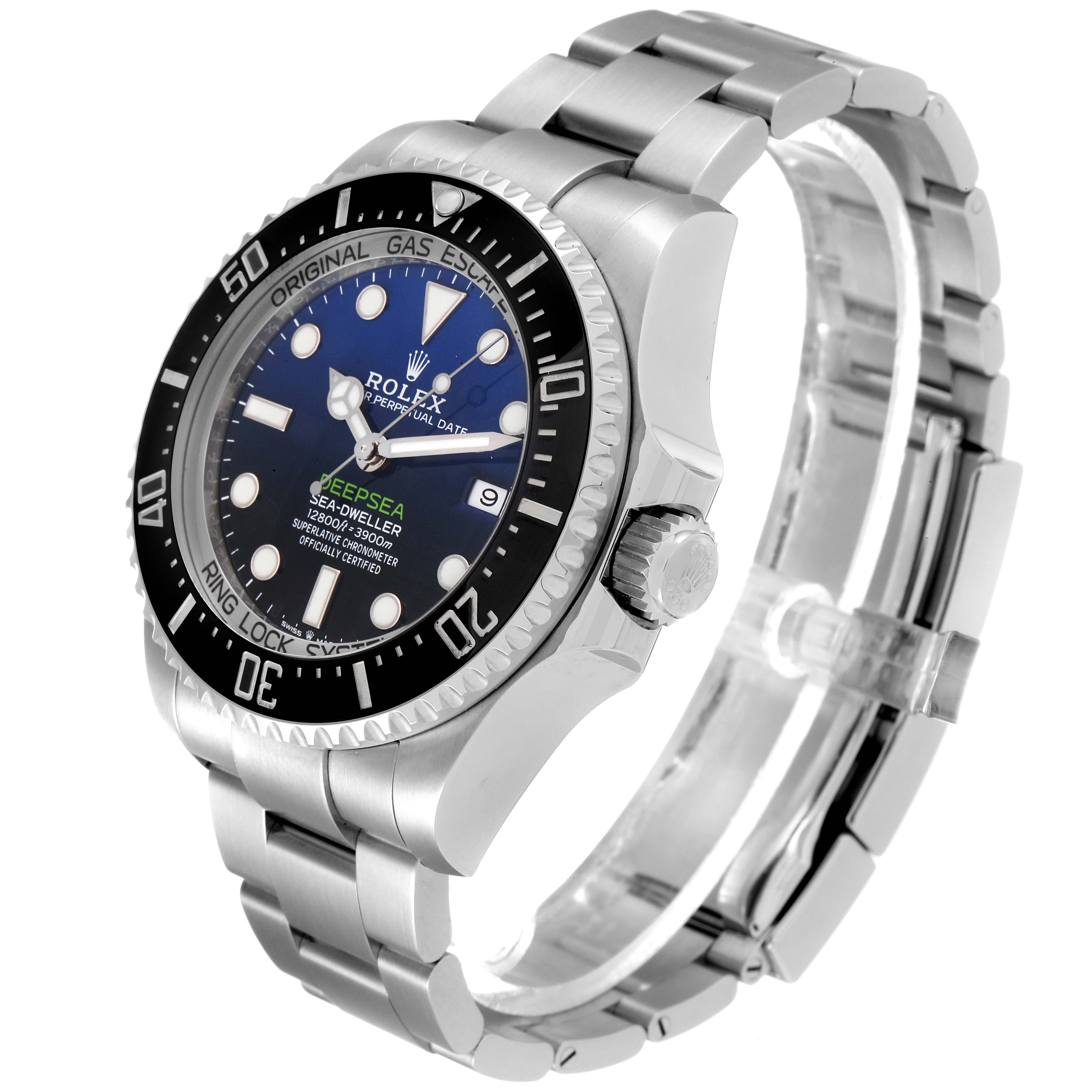 The Rolex Sea-Dweller 126660 Men's Stainless Steel Blue Dial 126660 Men's Stainless Steel Blue Dial watch is shown at an angle highlighting the face, bezel, crown, and part of the bracelet.
