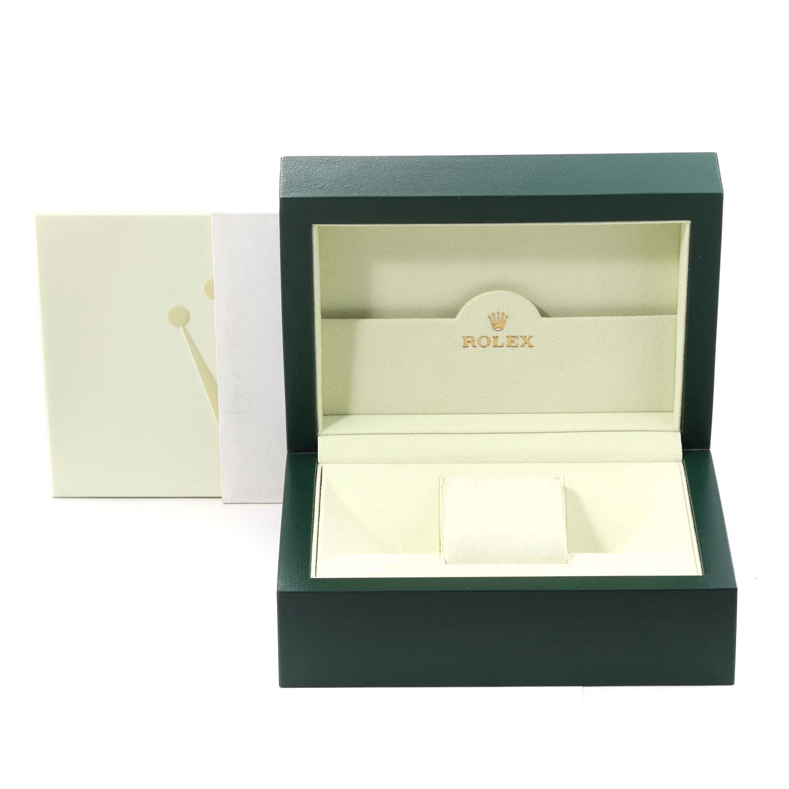 The image shows an open Rolex Sea-Dweller 116660 Men
s Stainless Steel Black Dial 116660 Men
s Stainless Steel Black Dial watch box with a green exterior and cream interior.