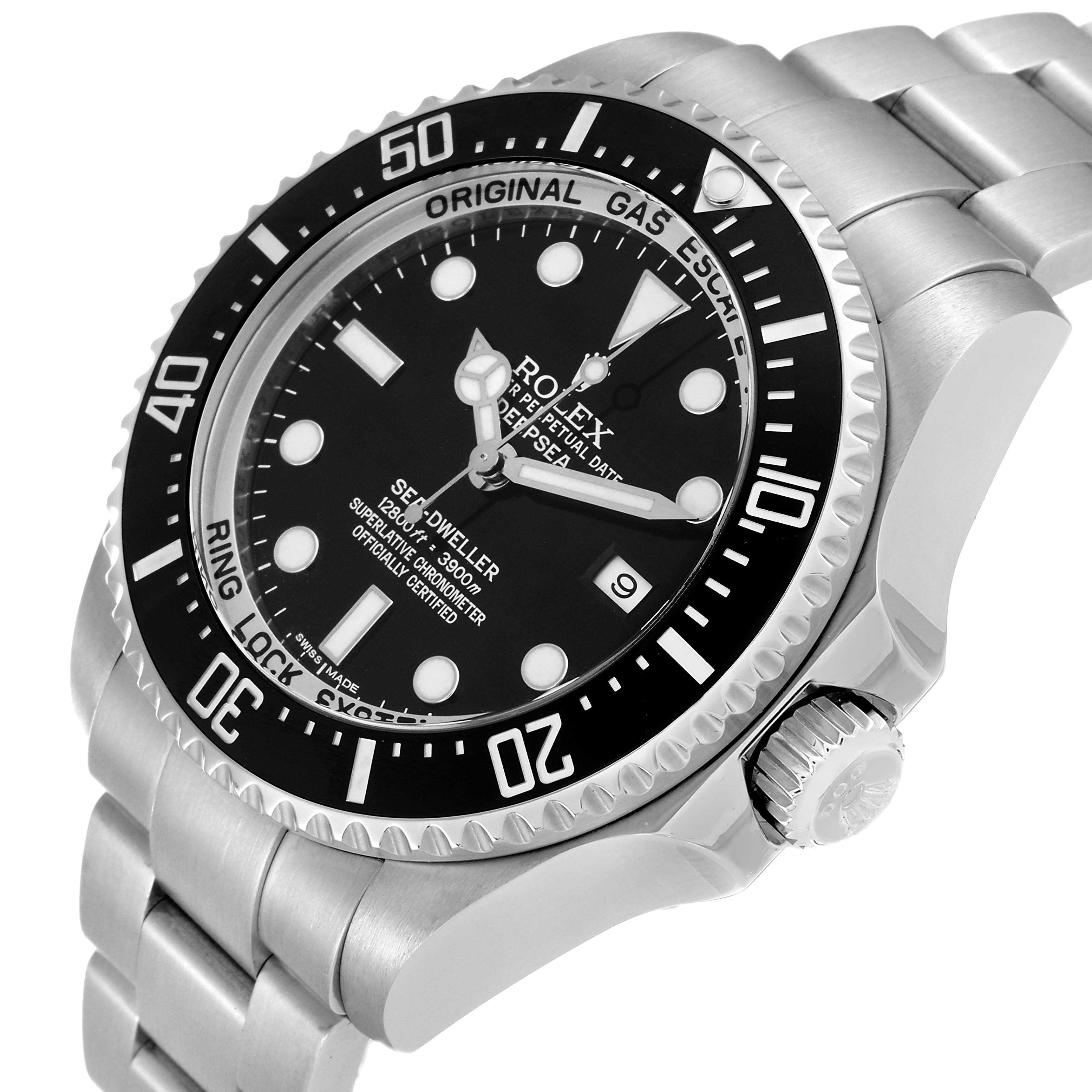 The Rolex Sea-Dweller 116660 Men
s Stainless Steel Black Dial 116660 Men
s Stainless Steel Black Dial watch is shown at an angle highlighting the dial, bezel, and part of the stainless steel bracelet.