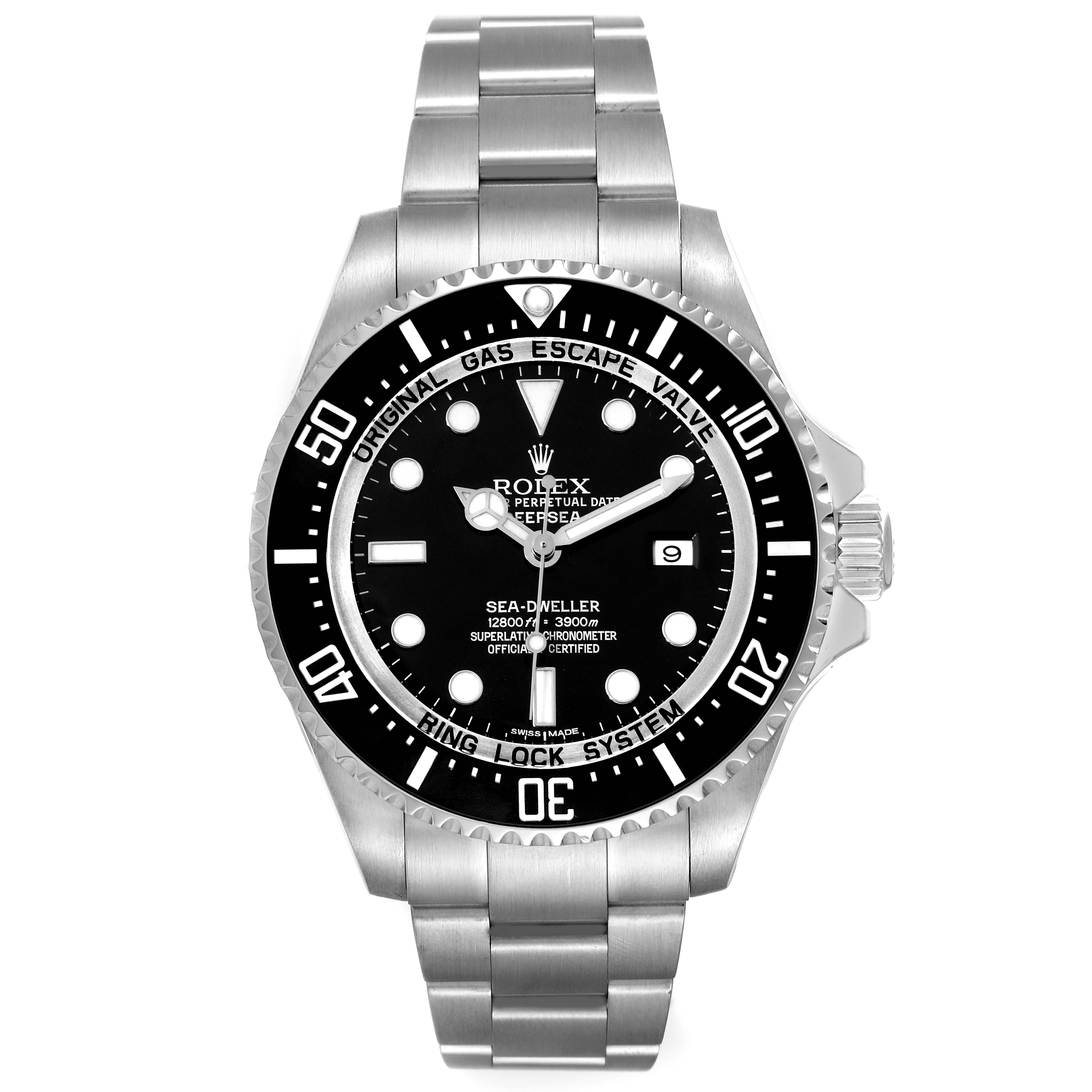 The image shows a front view of the Rolex Sea-Dweller 116660 Men
s Stainless Steel Black Dial 116660 Men
s Stainless Steel Black Dial watch, showcasing its dial, bezel, and bracelet.
