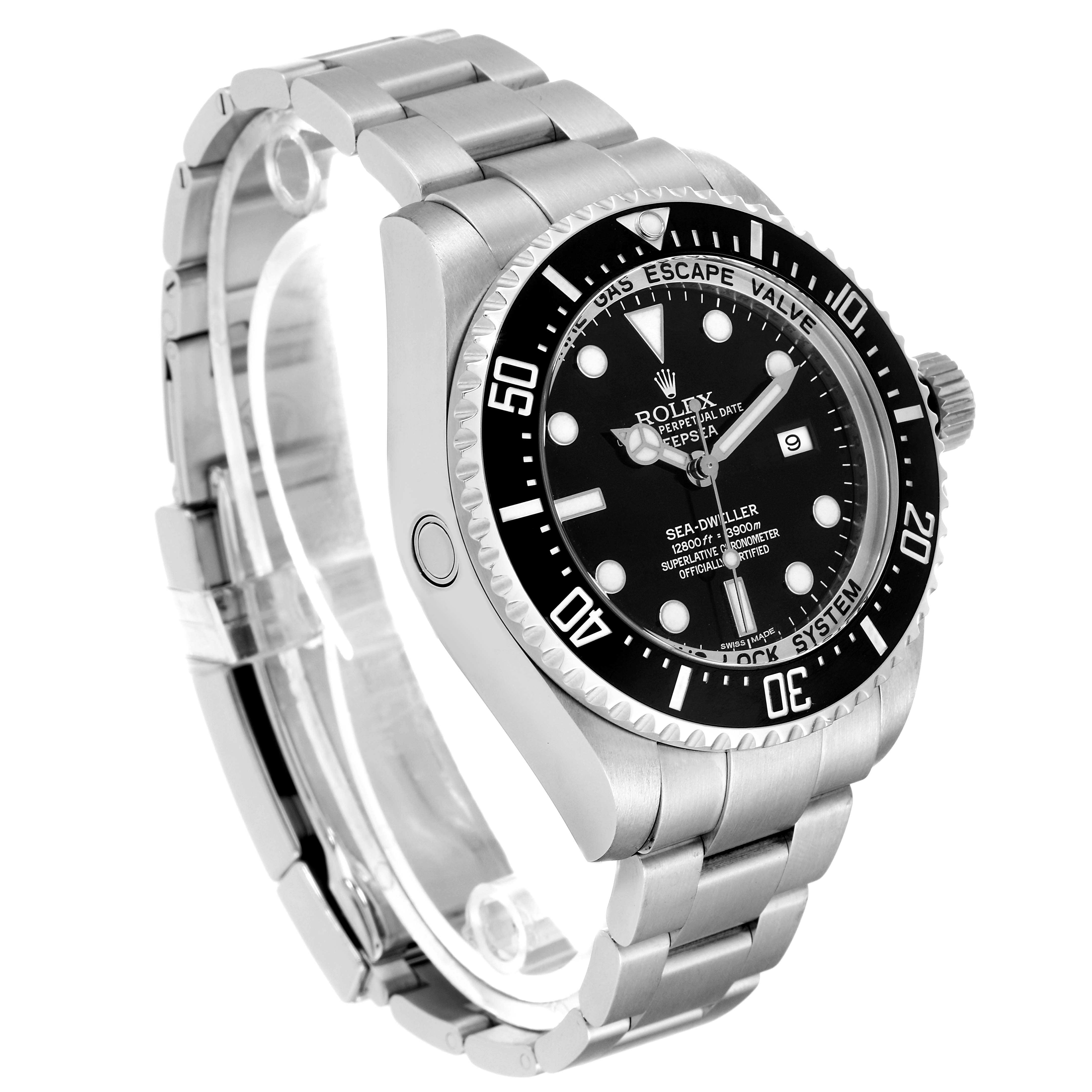 The image shows a side angle of the Rolex Sea-Dweller 116660 Men
s Stainless Steel Black Dial 116660 Men
s Stainless Steel Black Dial watch, highlighting the face, bezel, crown, and metal bracelet.