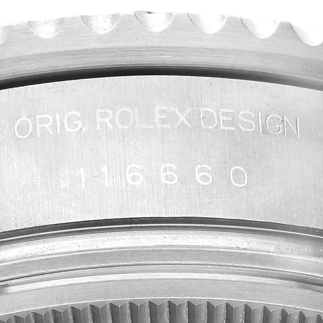 This image shows a close-up of the case side of a Rolex Sea-Dweller 116660 Men
s Stainless Steel Black Dial 116660 Men
s Stainless Steel Black Dial, highlighting the model number and "ORIG. ROLEX DESIGN" engraving.