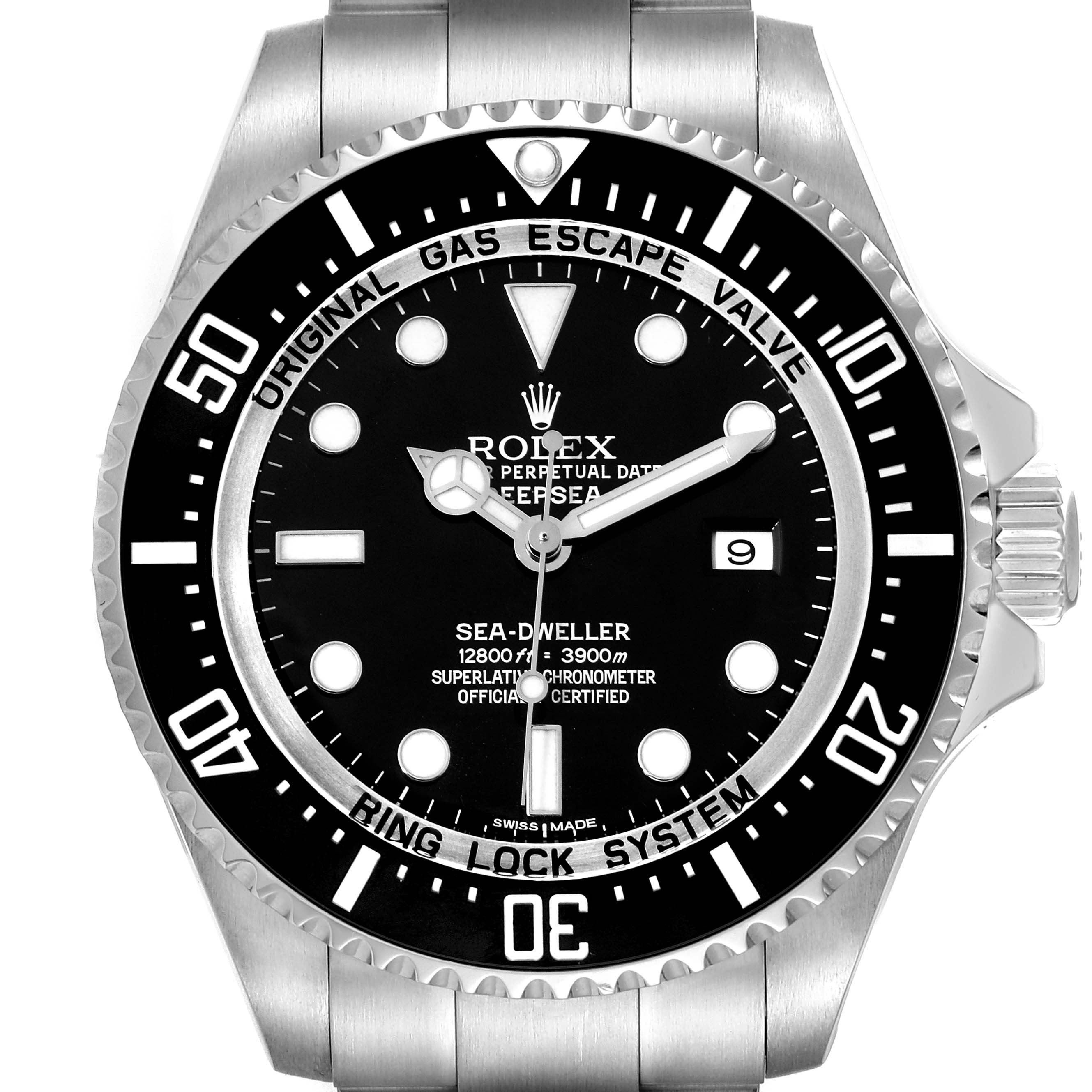 The image shows a front view of the Rolex Sea-Dweller 116660 Men
s Stainless Steel Black Dial 116660 Men
s Stainless Steel Black Dial watch, highlighting its face, bezel, and part of the bracelet.