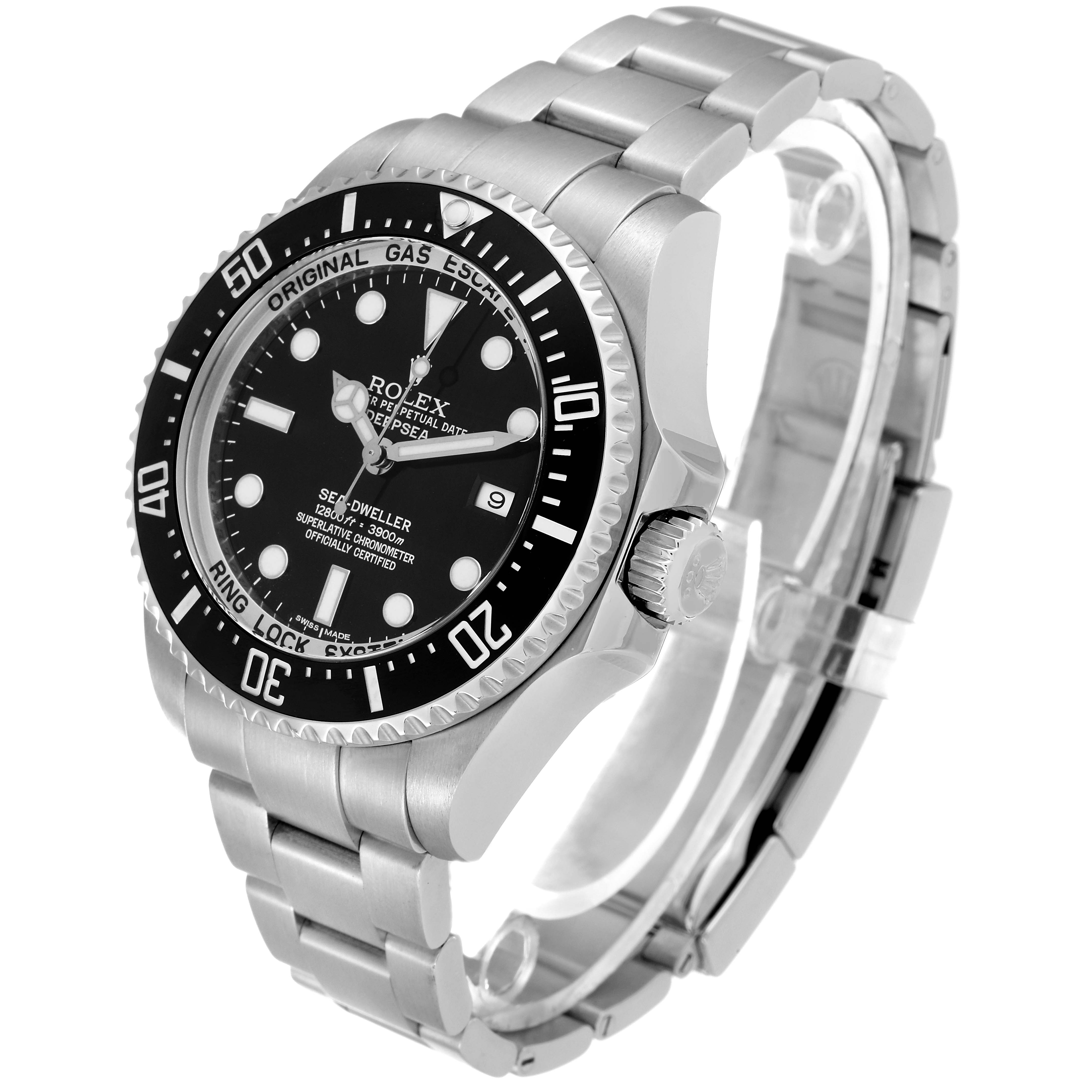 The image shows a Rolex Sea-Dweller 116660 Men
s Stainless Steel Black Dial 116660 Men
s Stainless Steel Black Dial watch at a three-quarter angle, highlighting its face, bezel, crown, and bracelet.
