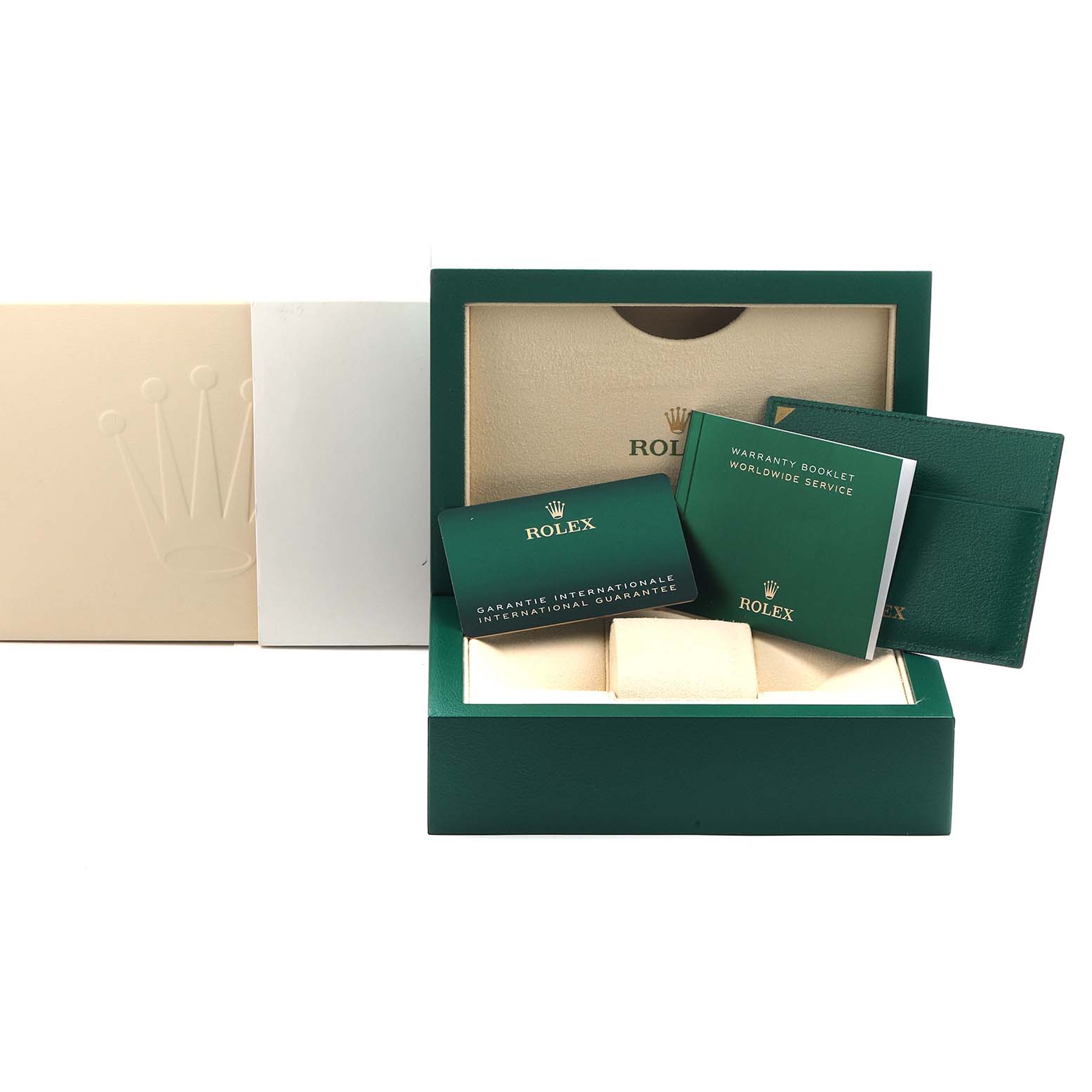 The image shows the packaging and accessories for a Rolex Sky-Dweller 326934 Men's Stainless Steel Black Dial, including a green box and documentation.