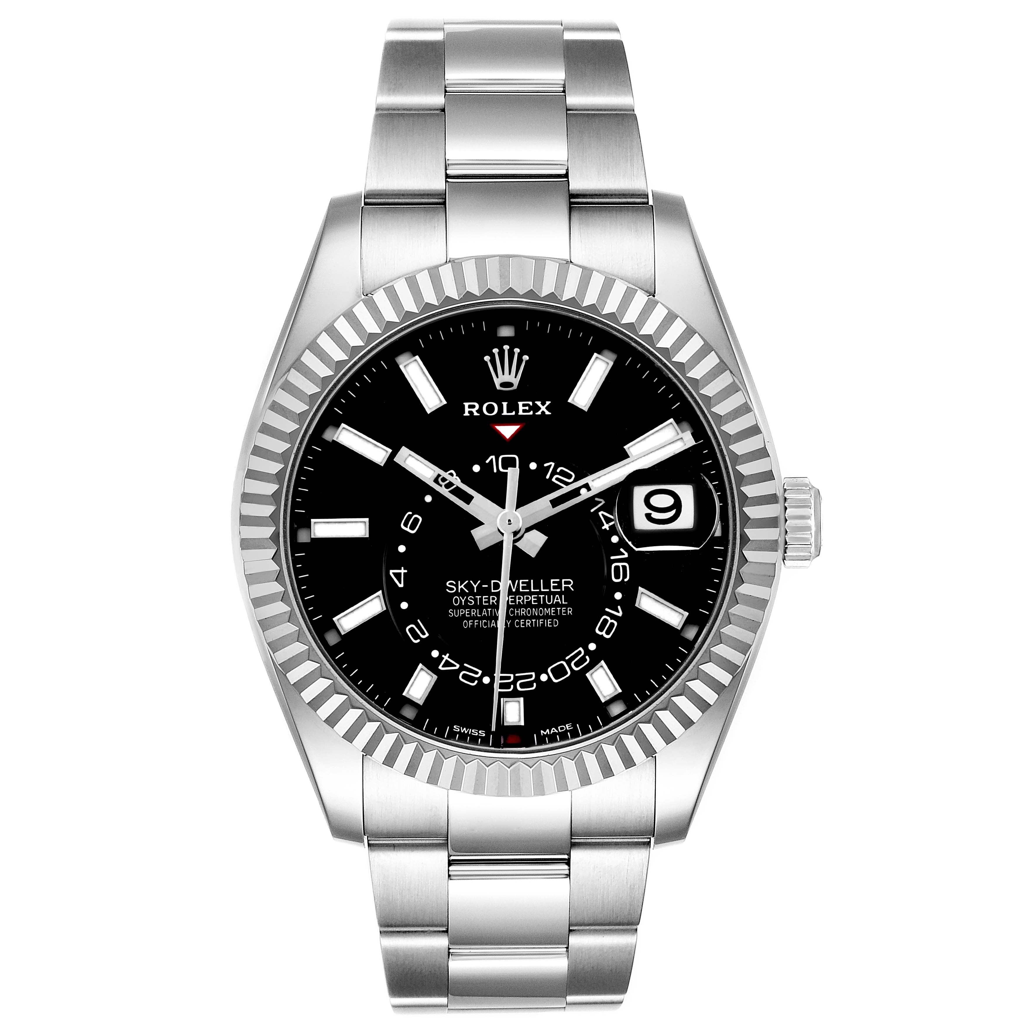 The image shows a front view of the Rolex Sky-Dweller 326934 Men's Stainless Steel Black Dial, highlighting its black dial, bezel, and bracelet.