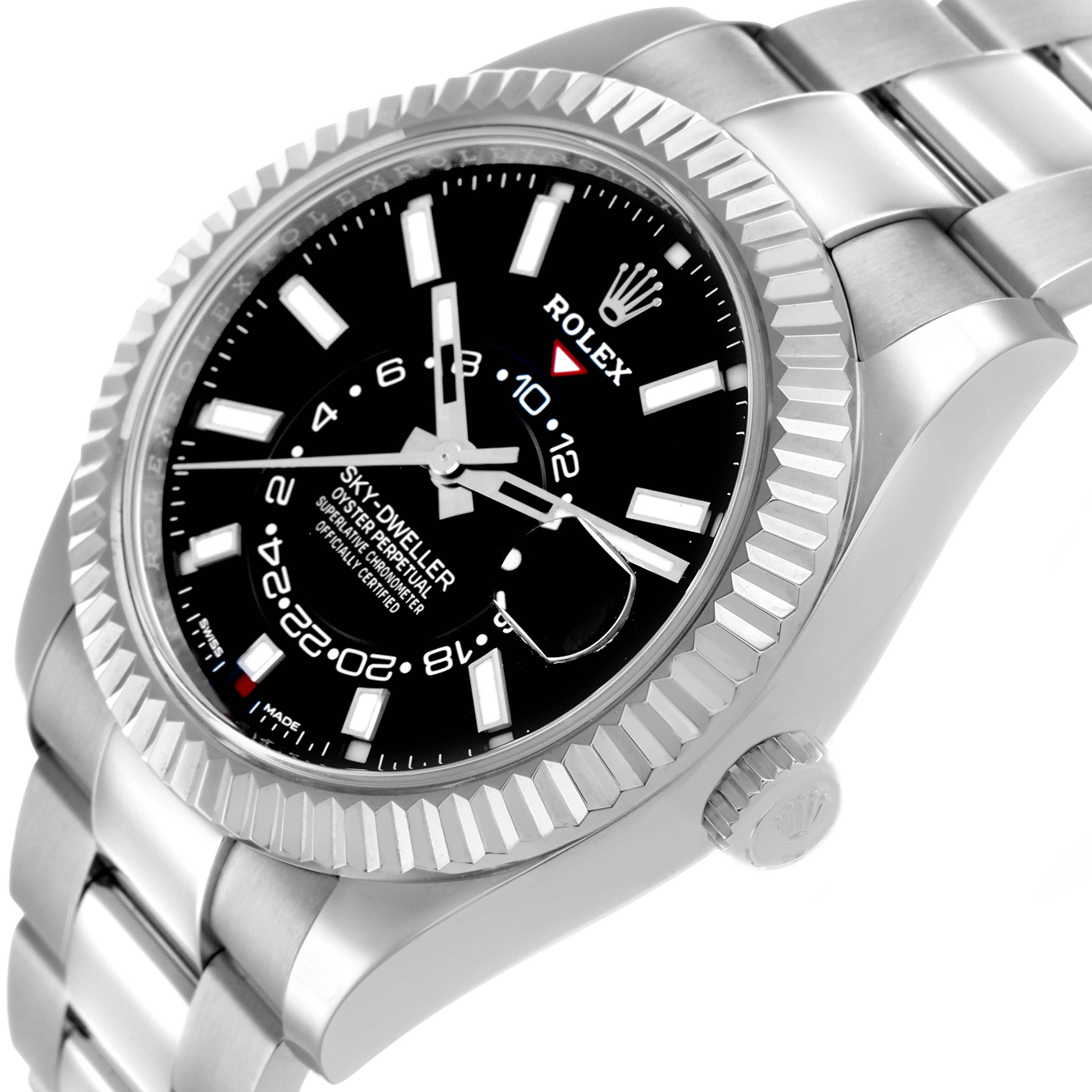 The Rolex Sky-Dweller 326934 Men's Stainless Steel Black Dial watch is shown at a tilted angle, displaying the bezel, dial, crown, and part of the bracelet.