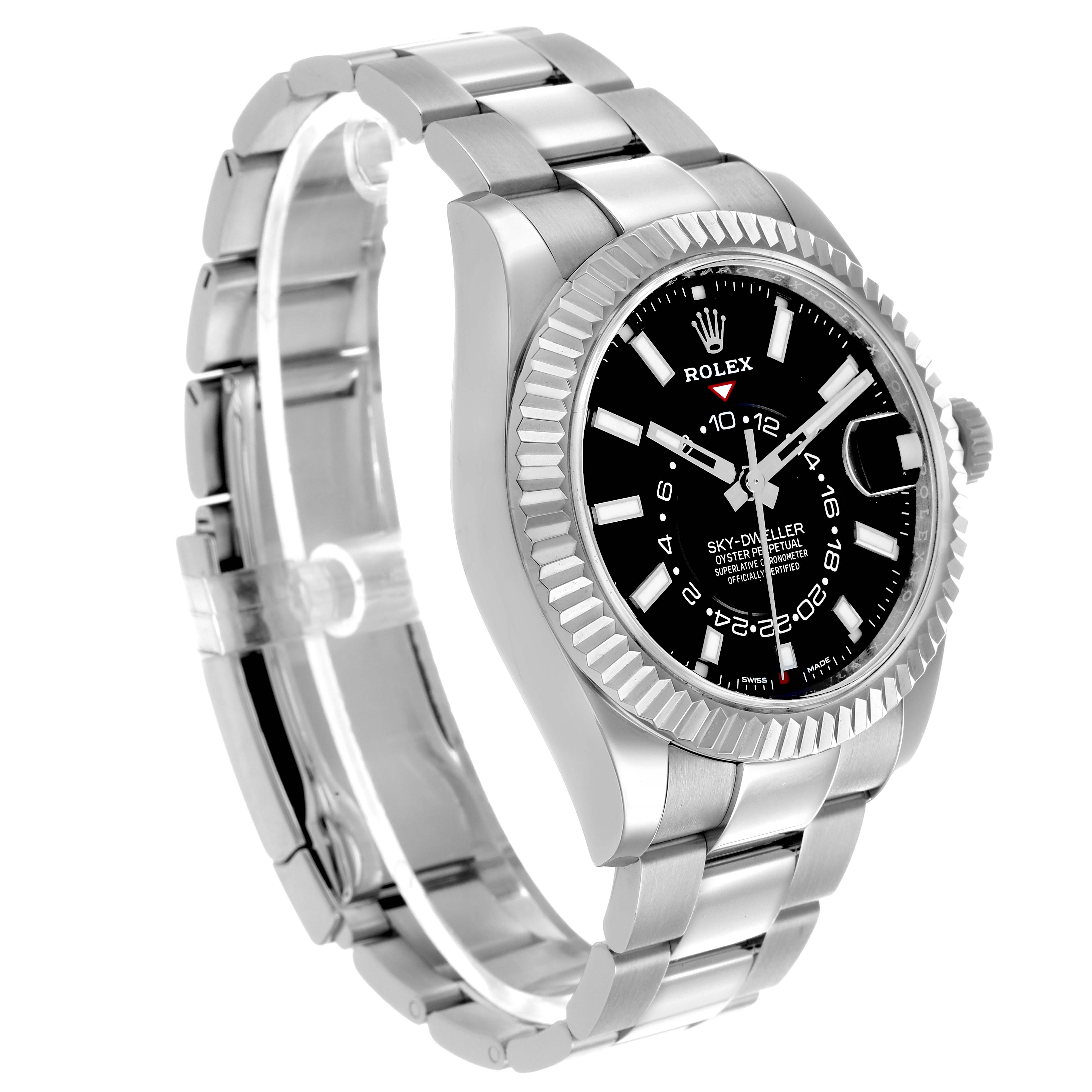 The Rolex Sky-Dweller 326934 Men's Stainless Steel Black Dial watch is shown from a three-quarter angle, displaying the dial, bezel, crown, and partially open bracelet.