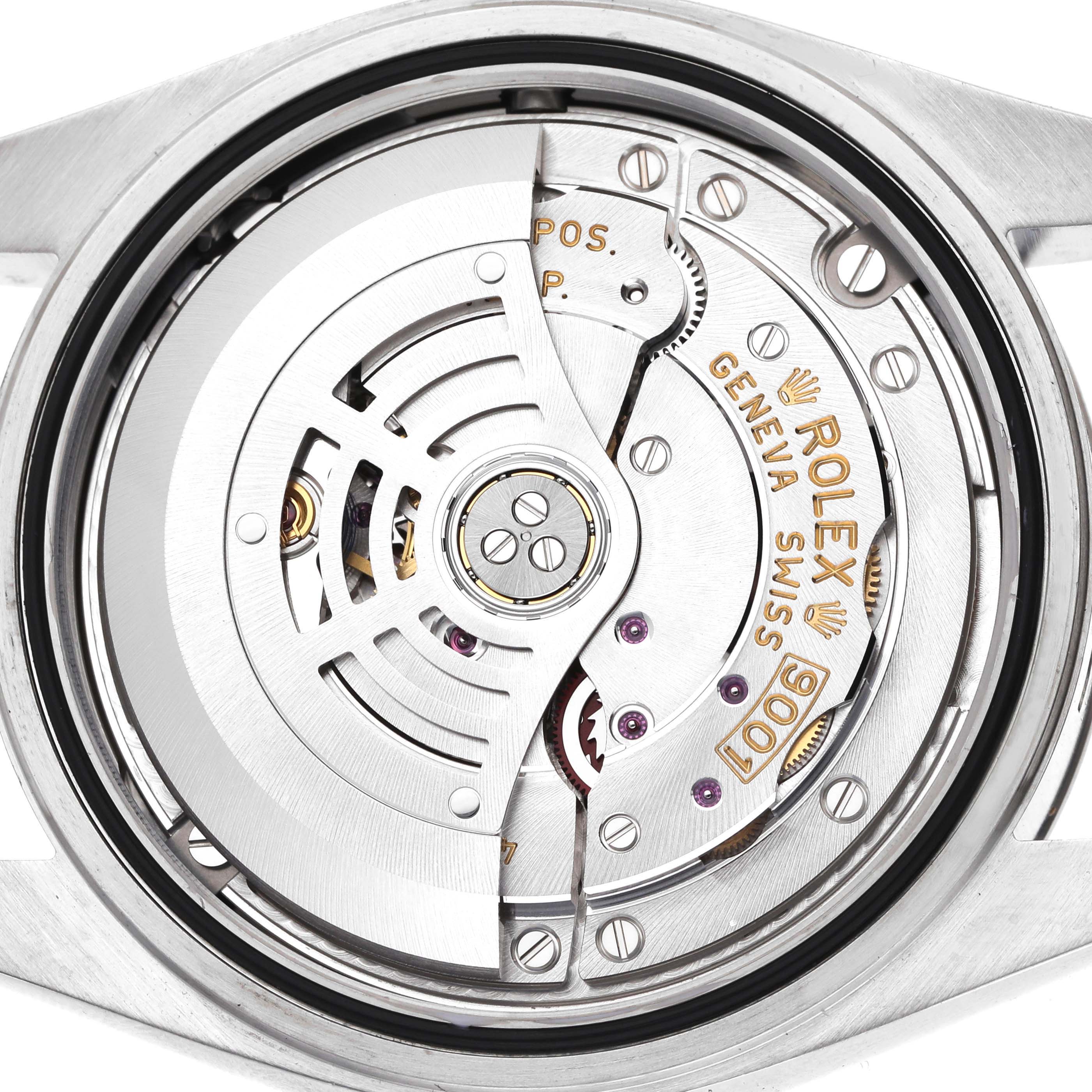 The image shows the back view of a Rolex Sky-Dweller 326934 Men's Stainless Steel Black Dial, highlighting its movement and mechanical components.
