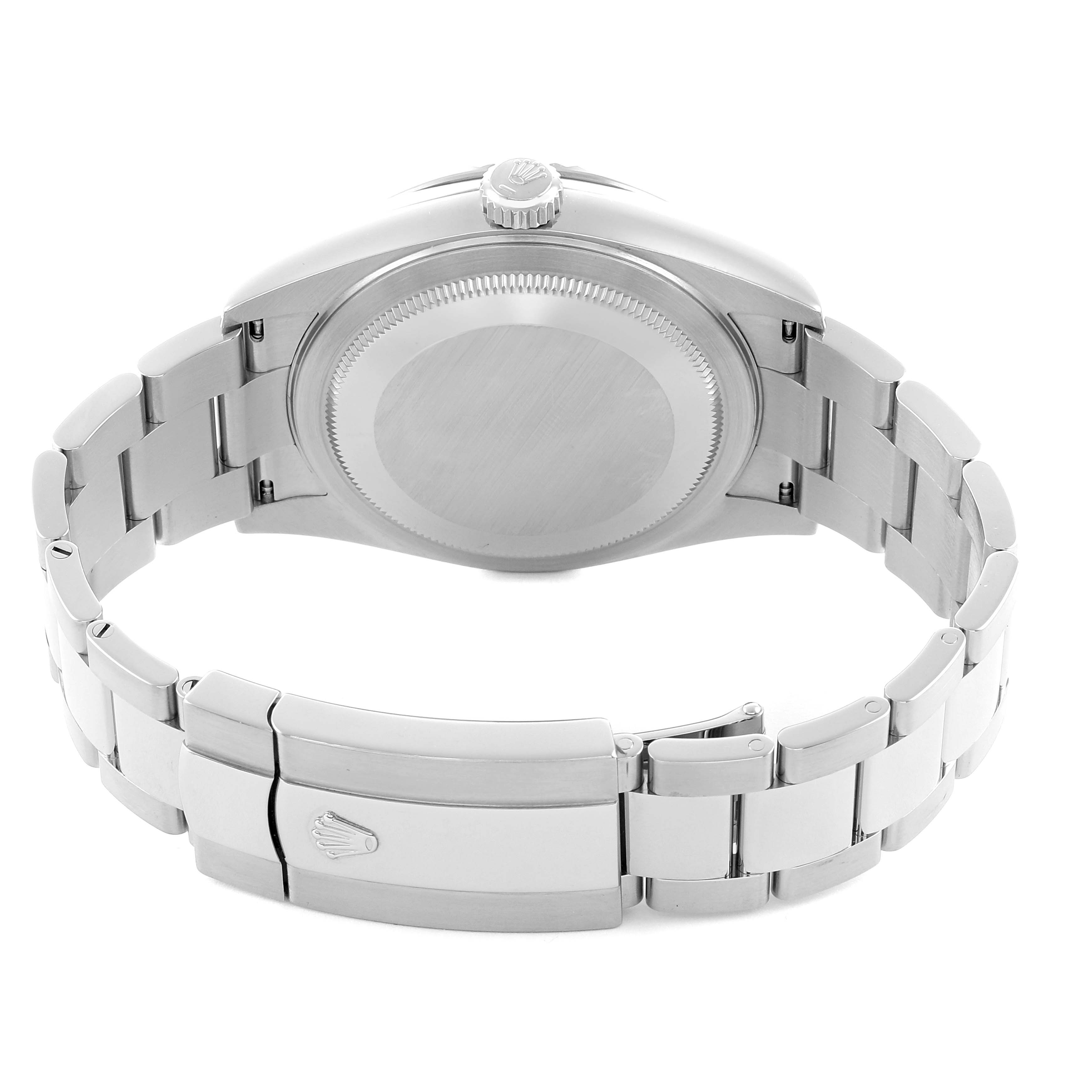 The image shows the back and bracelet of a Rolex Sky-Dweller 326934 Men's Stainless Steel Black Dial, highlighting the clasp and case back from a rear angle.