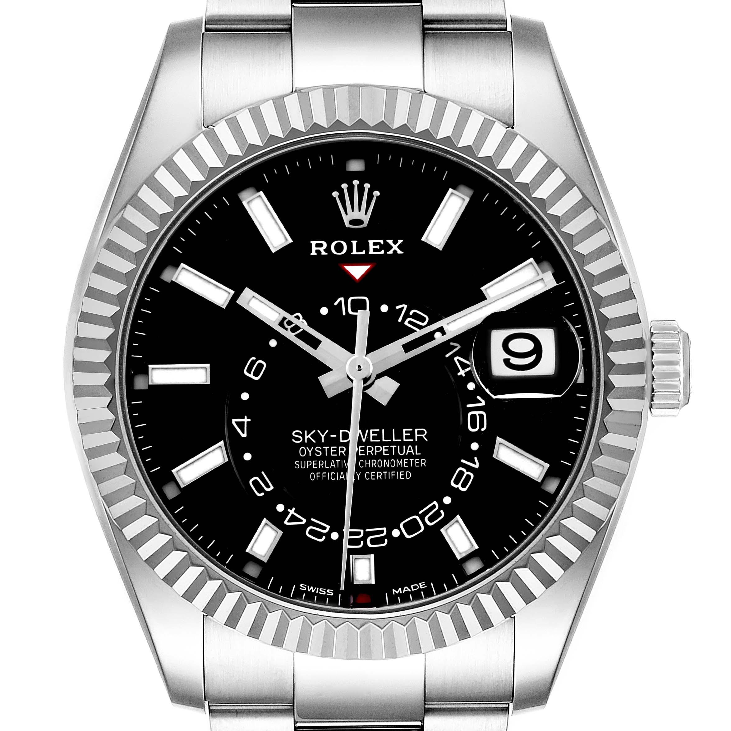 The Rolex Sky-Dweller 326934 Men's Stainless Steel Black Dial watch is shown from the front, displaying the face, bezel, crown, and part of the bracelet.