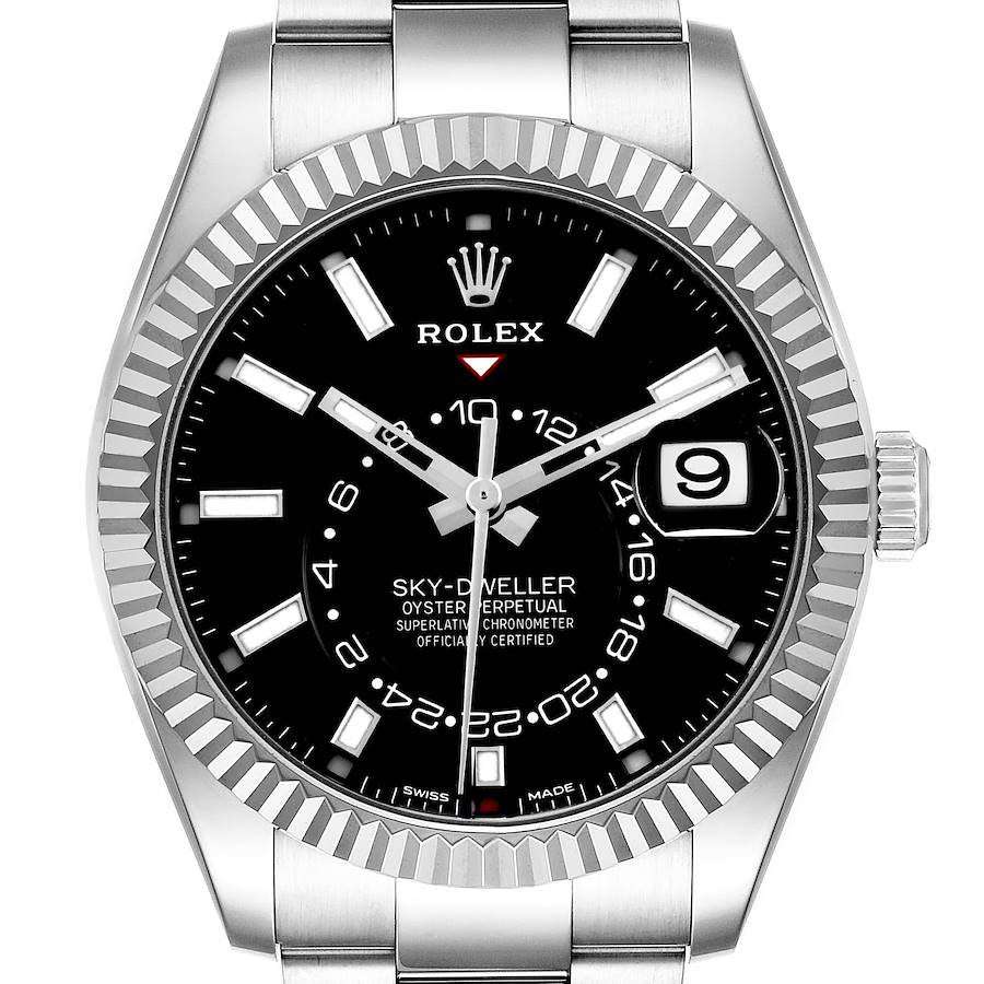 The Rolex Sky-Dweller 326934 Men's Stainless Steel Black Dial watch is shown from the front, displaying the face, bezel, crown, and part of the bracelet.